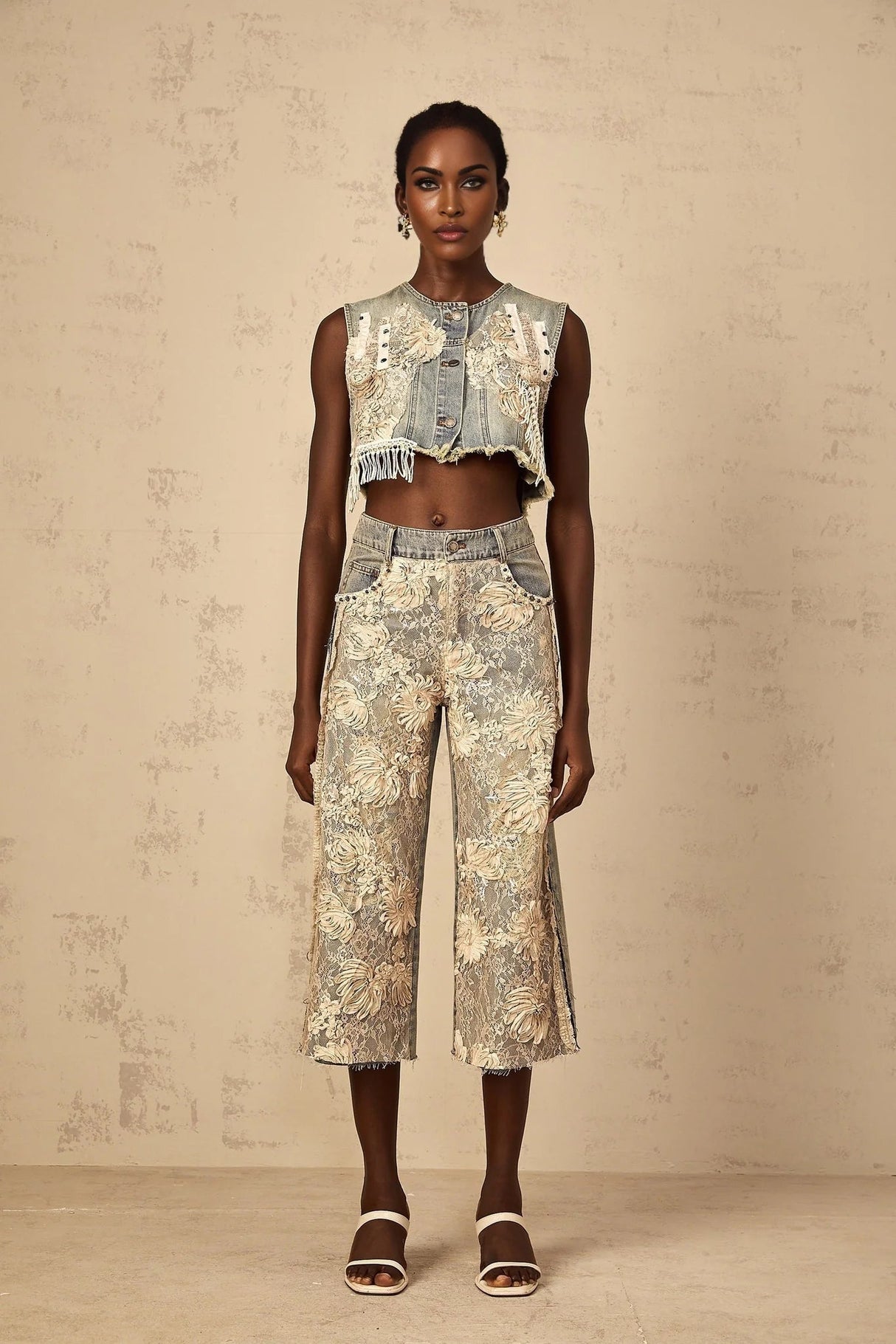 Ambra Denim Top Blue Lace - Panelled Cropped Fringed & Floral Embroidered