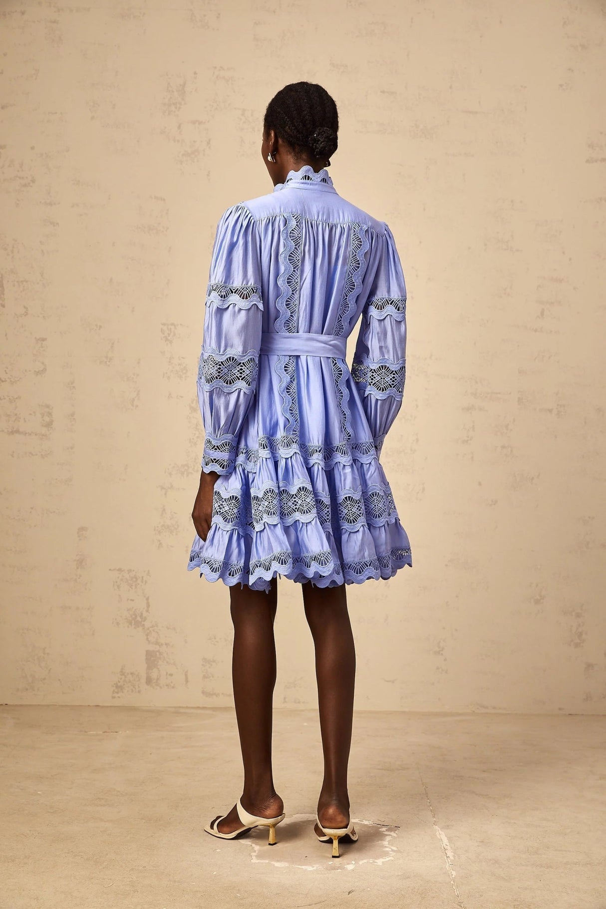 Ambra Mini Dress Blue Cut - Out Embroidered Tiered & Tied