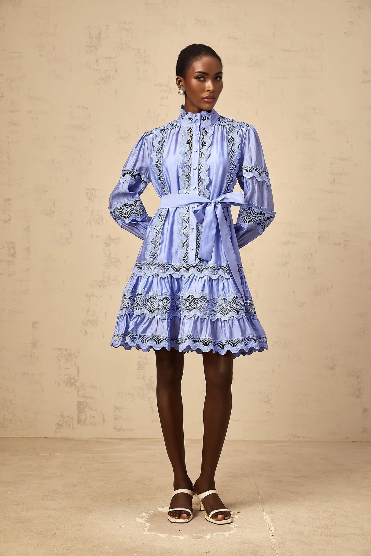 Ambra Mini Dress Blue Cut - Out Embroidered Tiered & Tied