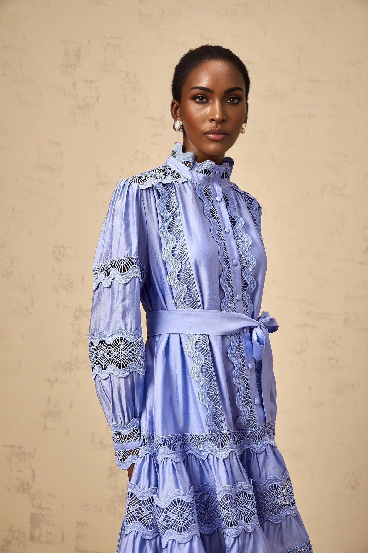 Ambra Mini Dress Blue Cut - Out Embroidered Tiered & Tied