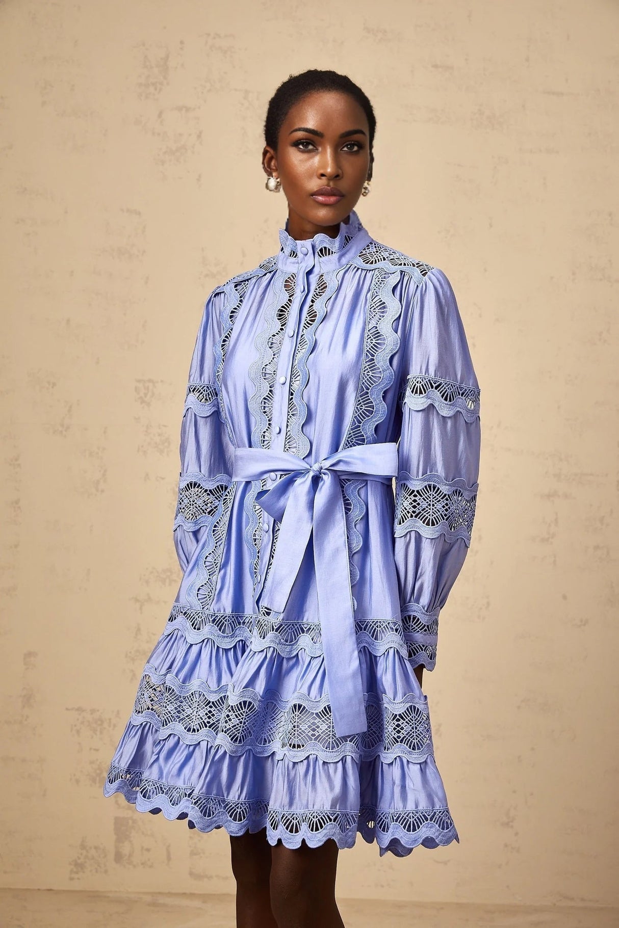 Ambra Mini Dress Blue Cut - Out Embroidered Tiered & Tied