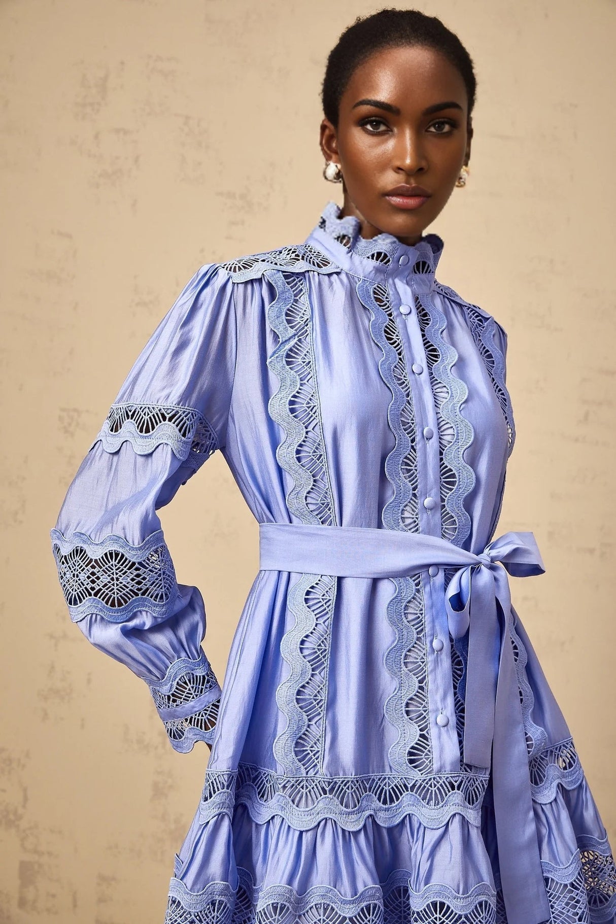 Ambra Mini Dress Blue Cut - Out Embroidered Tiered & Tied