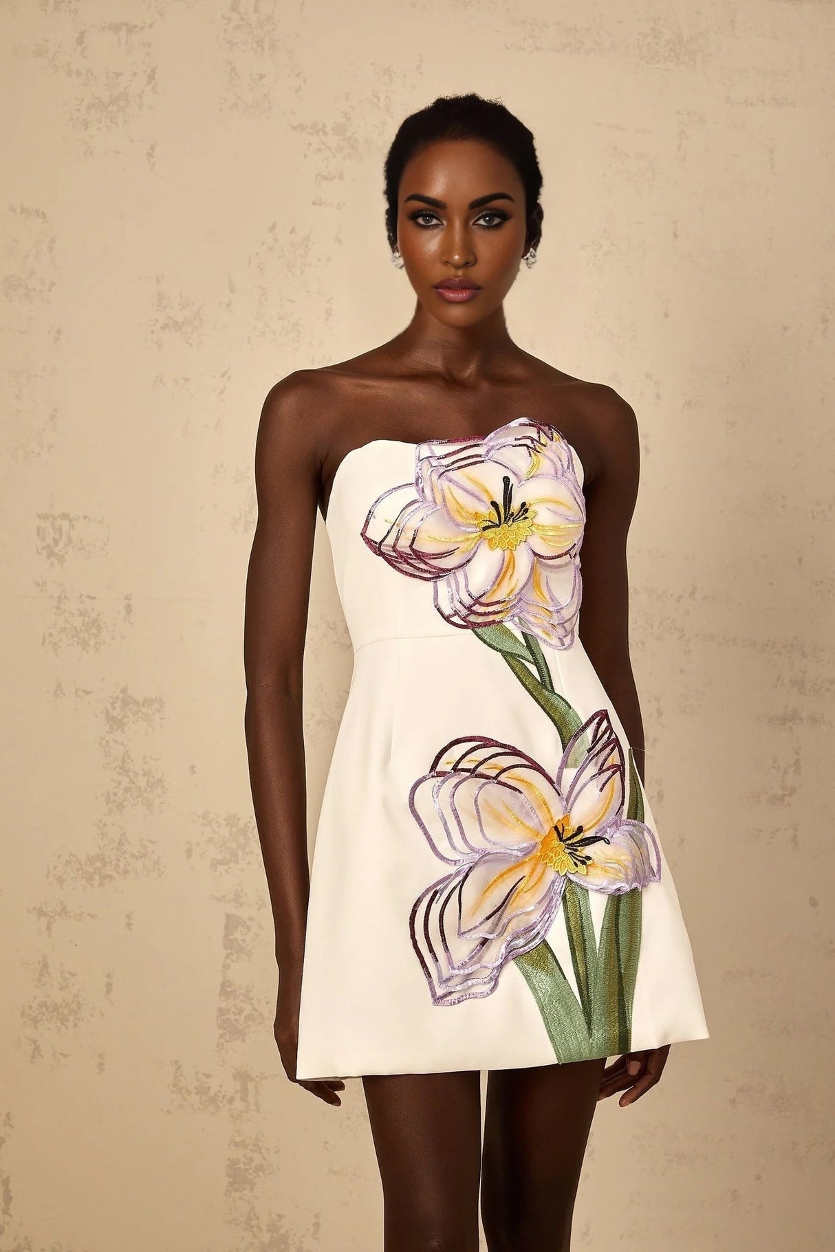 Ambra Mini Dress Sequin Floral Off - Shoulder White & Multicolor