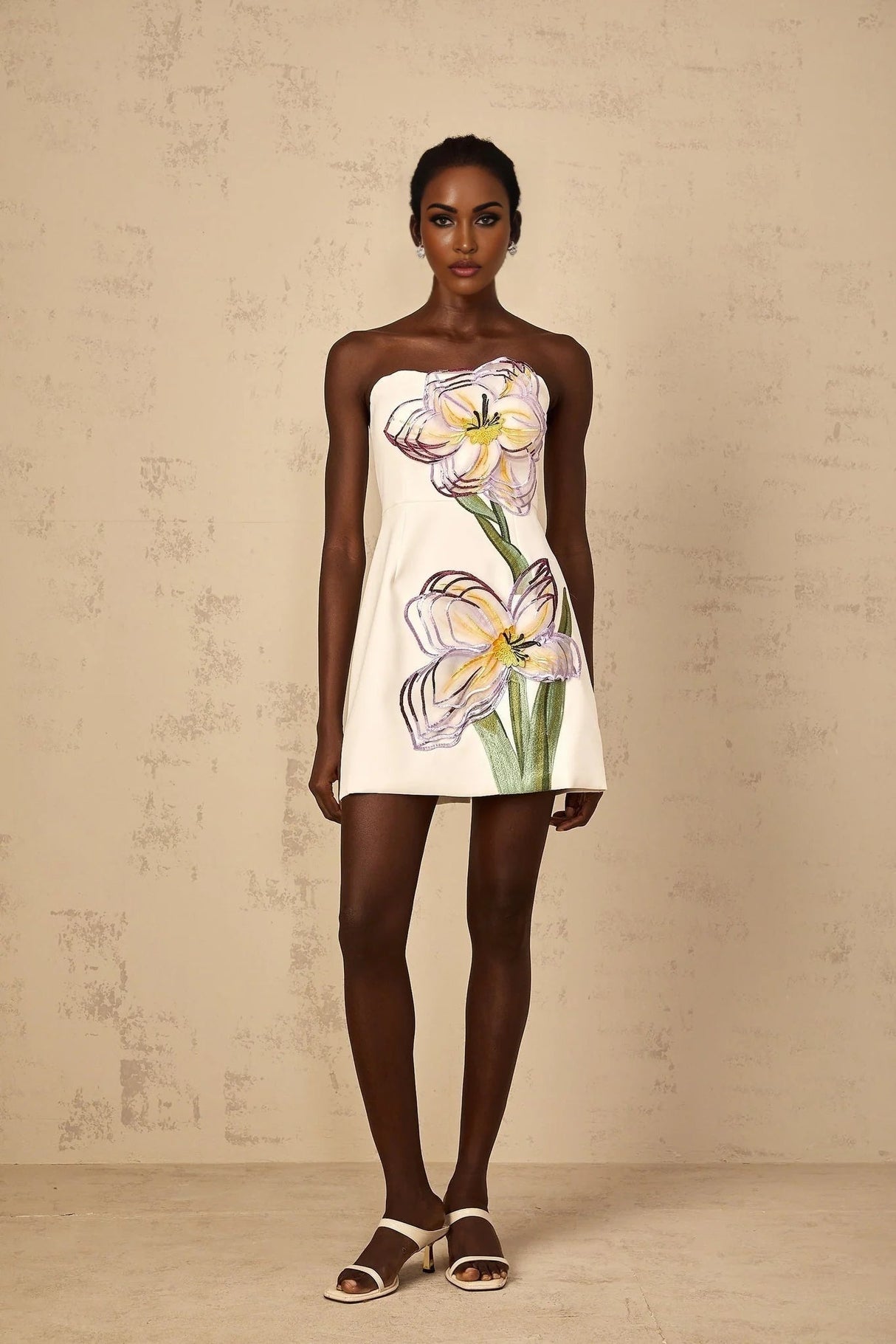 Ambra Mini Dress Sequin Floral Off - Shoulder White & Multicolor