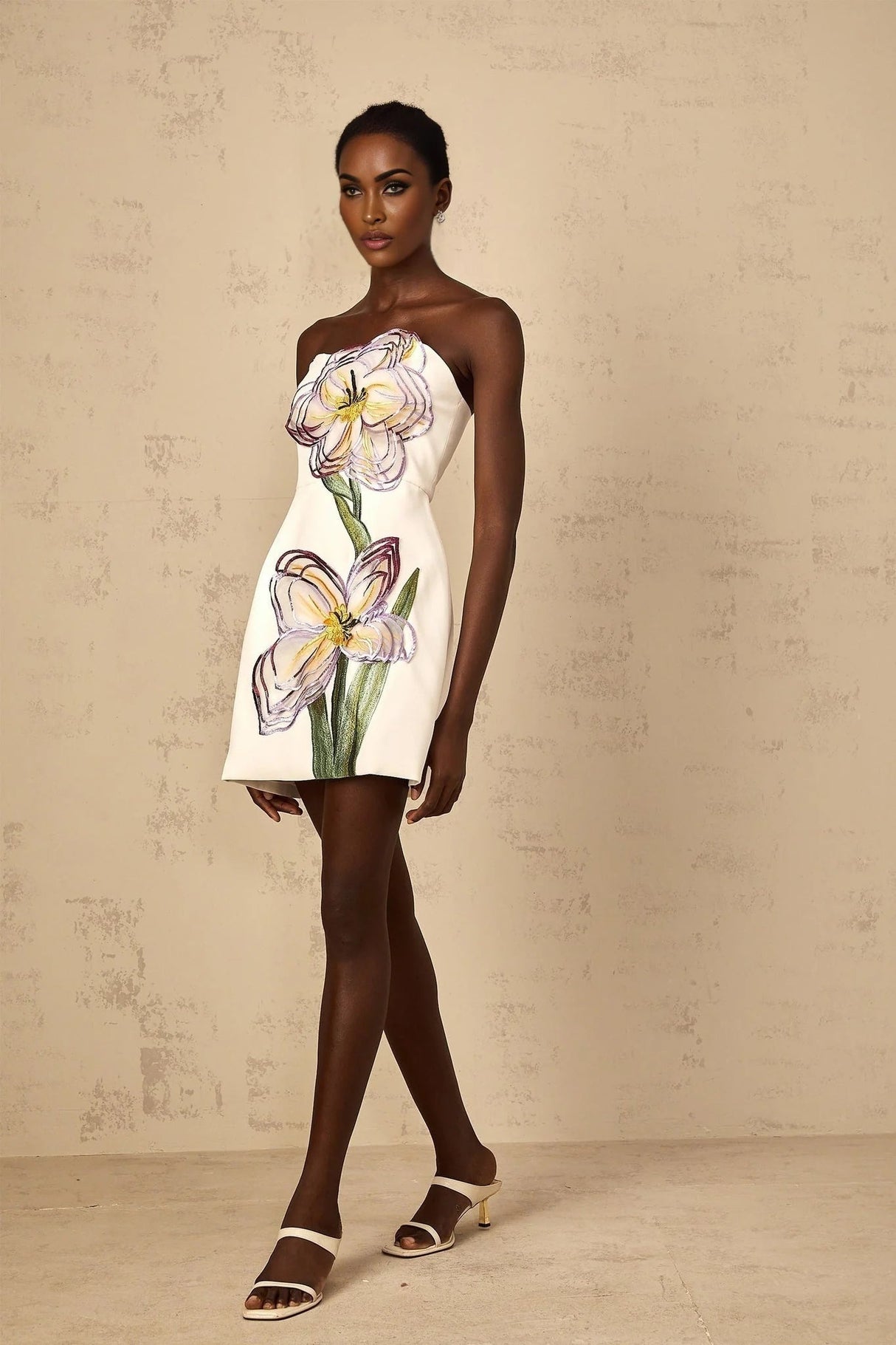 Ambra Mini Dress Sequin Floral Off - Shoulder White & Multicolor