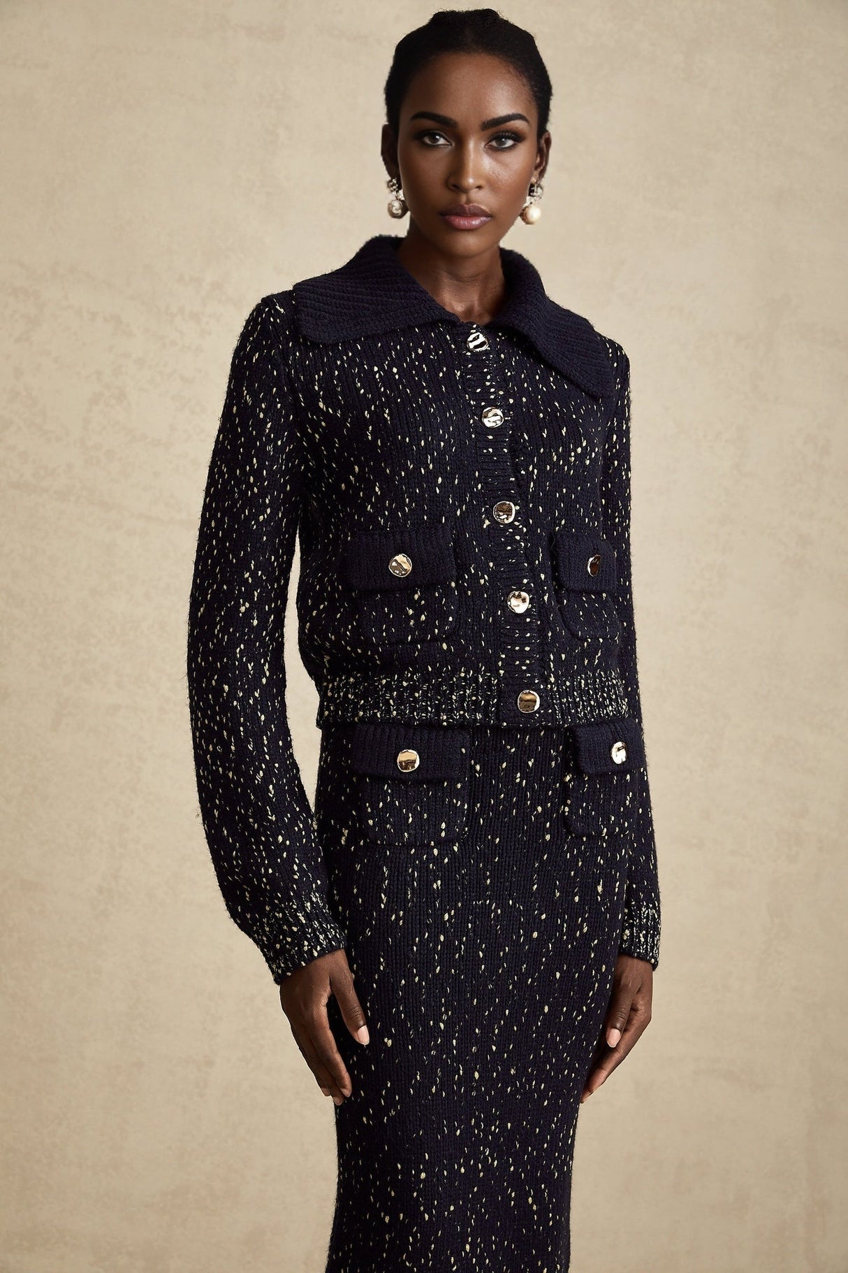 Ambrogina Jacket & Skirt Set - Crochet Knit - Metallic Threading - Wide Lapels - Flap Pockets - Elegant Design