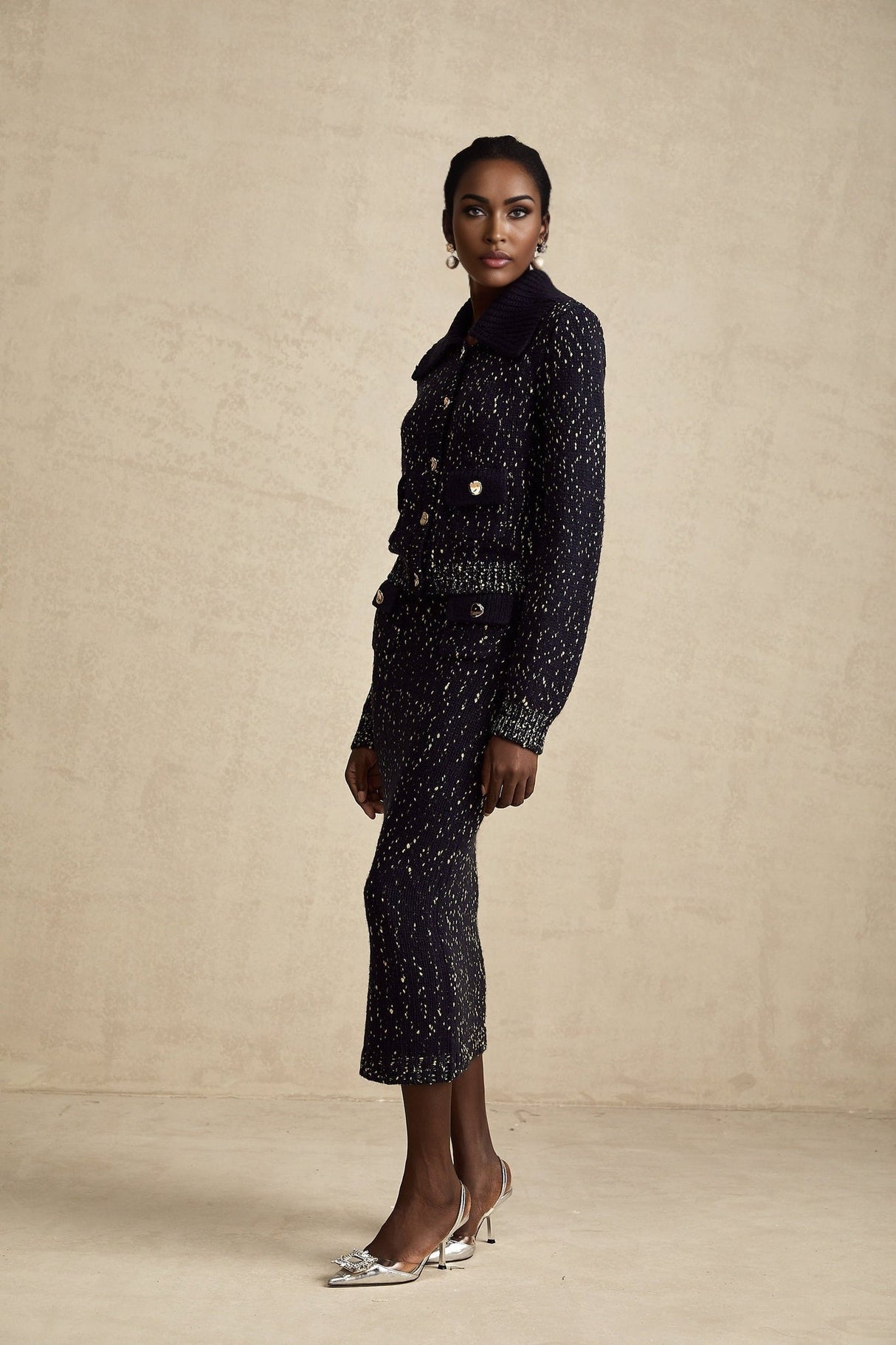 Ambrogina Jacket & Skirt Set - Crochet Knit - Metallic Threading - Wide Lapels - Flap Pockets - Elegant Design