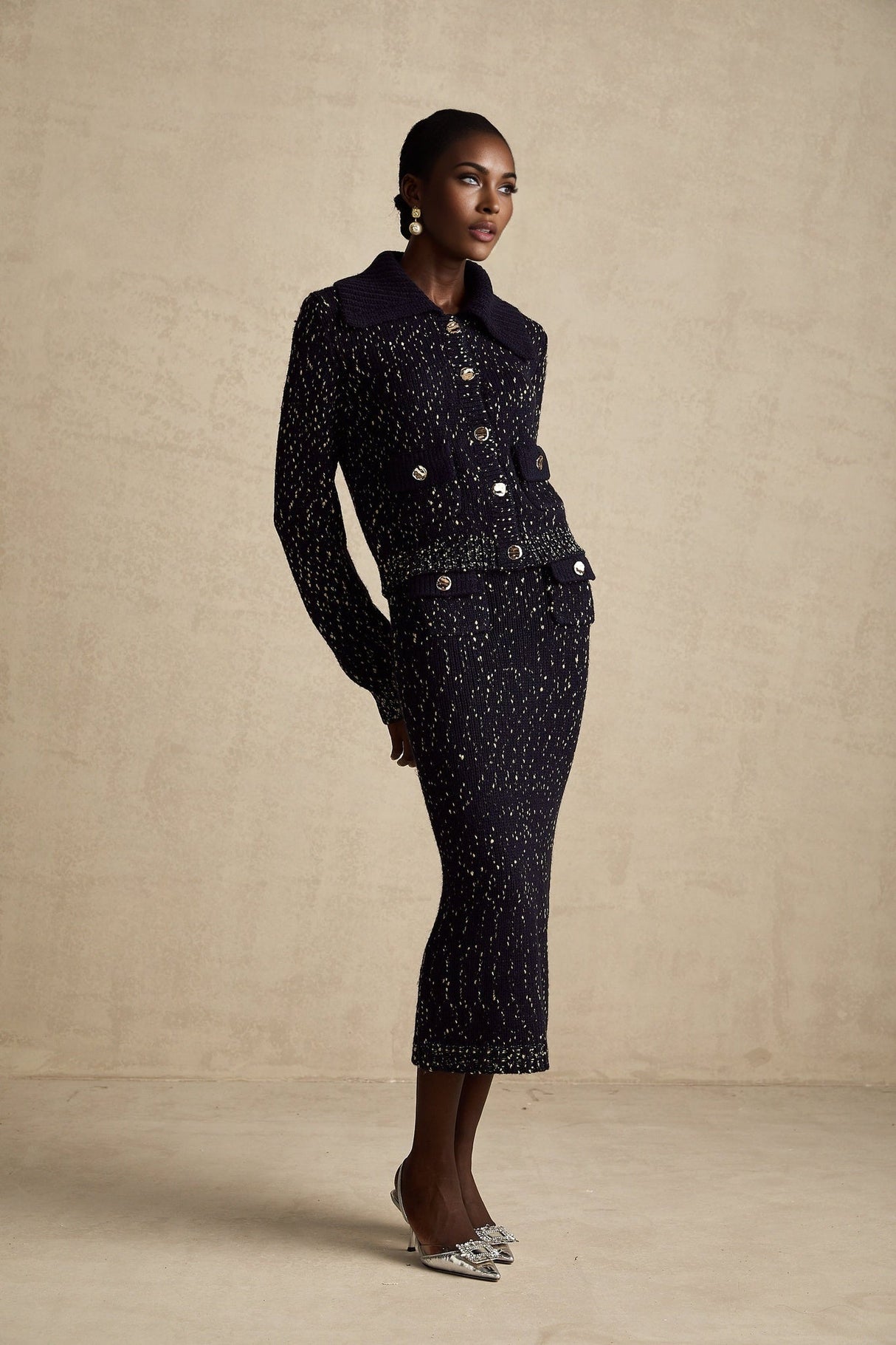 Ambrogina Jacket & Skirt Set - Crochet Knit - Metallic Threading - Wide Lapels - Flap Pockets - Elegant Design