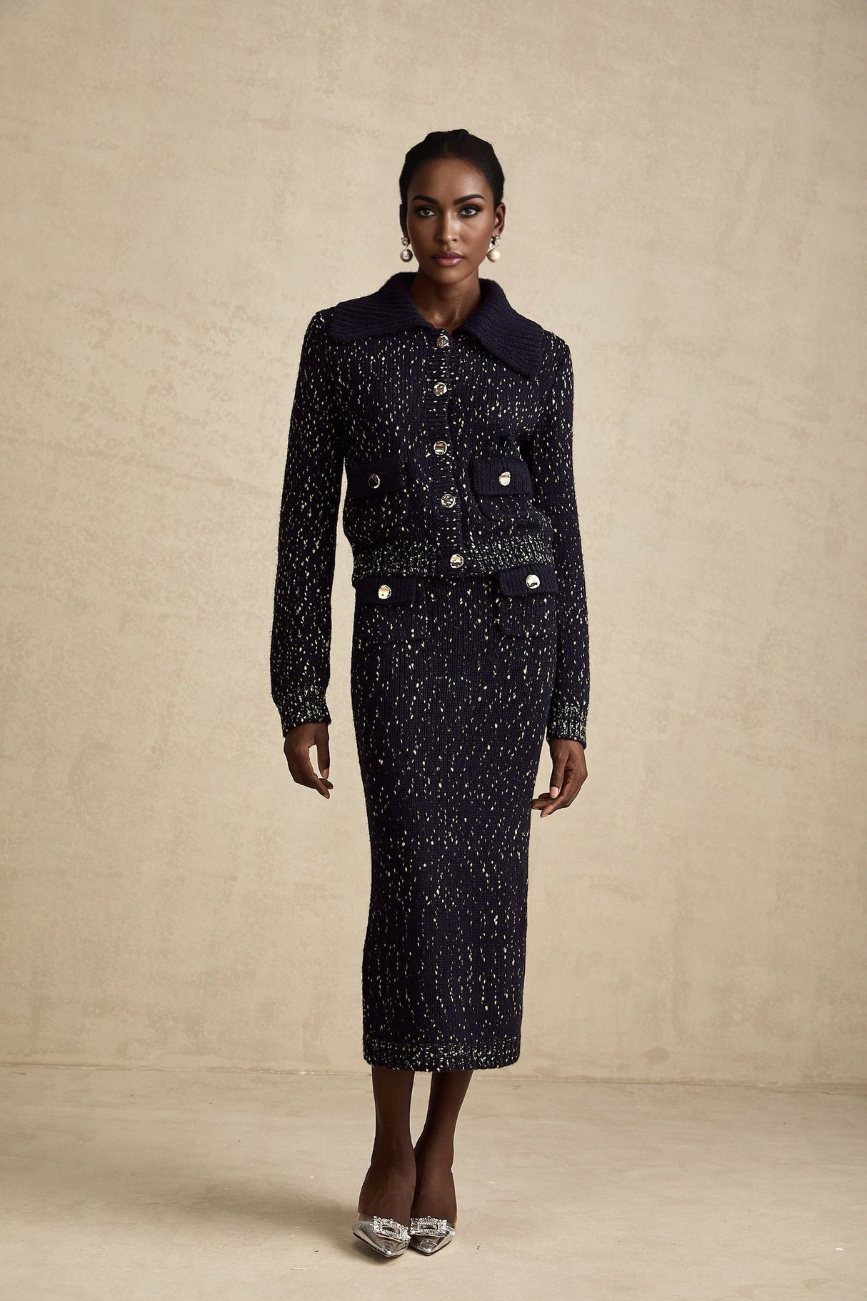 Ambrogina Jacket & Skirt Set - Crochet Knit - Metallic Threading - Wide Lapels - Flap Pockets - Elegant Design