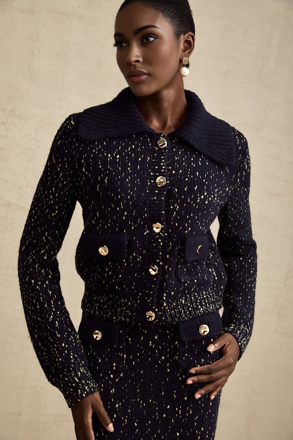 Ambrogina Jacket & Skirt Set - Crochet Knit - Metallic Threading - Wide Lapels - Flap Pockets - Elegant Design