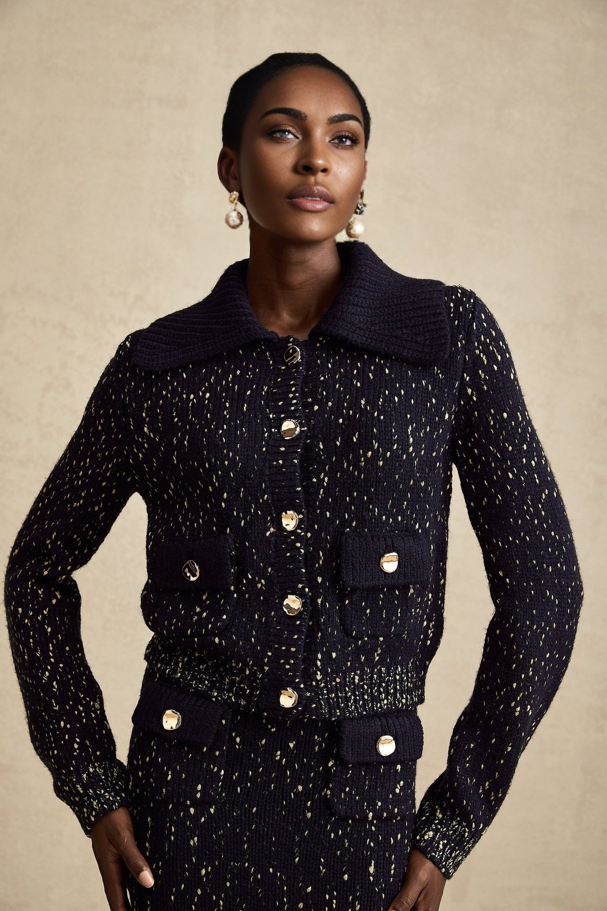 Ambrogina Jacket & Skirt Set - Crochet Knit - Metallic Threading - Wide Lapels - Flap Pockets - Elegant Design