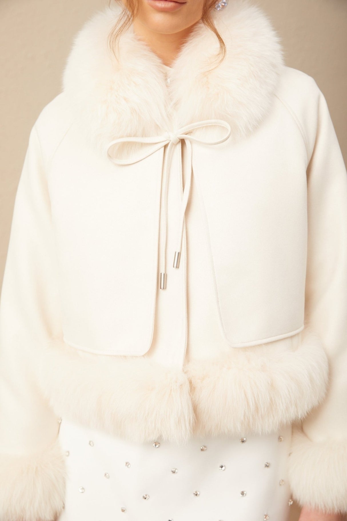 Amelia Coat - Lapel and Tied Neck - Raglan Sleeves - Padded Style - Cropped Length