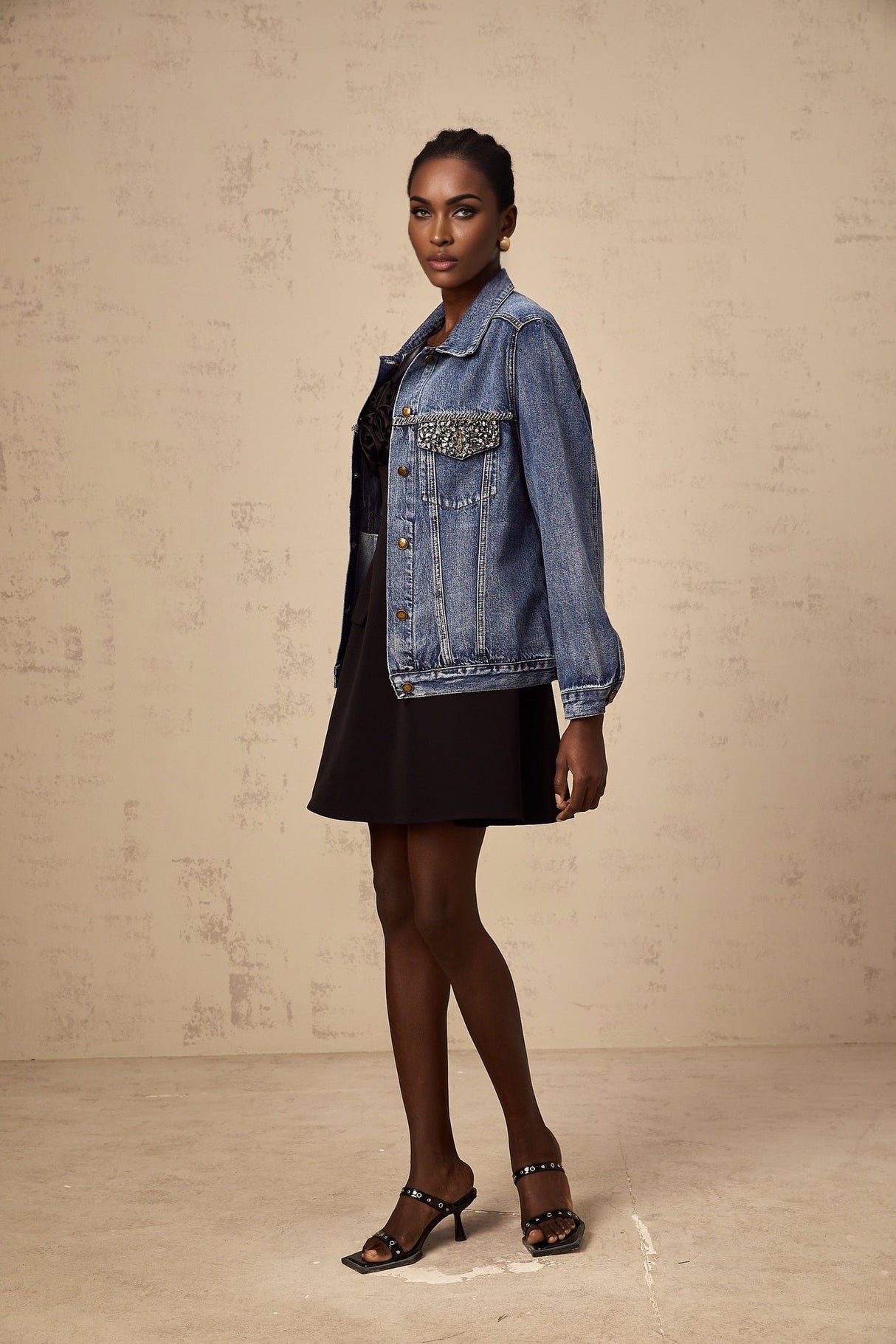 Amelia Denim Jacket - Notched lapels - Rhinestone embellishment - Buttoned cuffs - Front button fastening