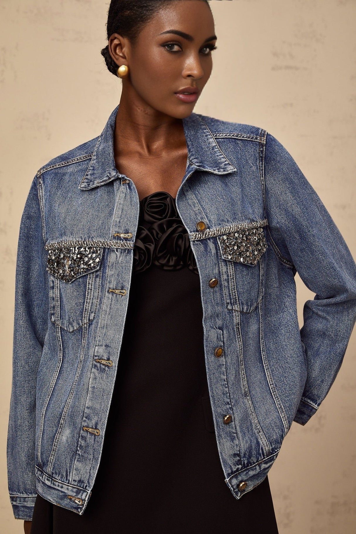 Amelia Denim Jacket - Notched lapels - Rhinestone embellishment - Buttoned cuffs - Front button fastening