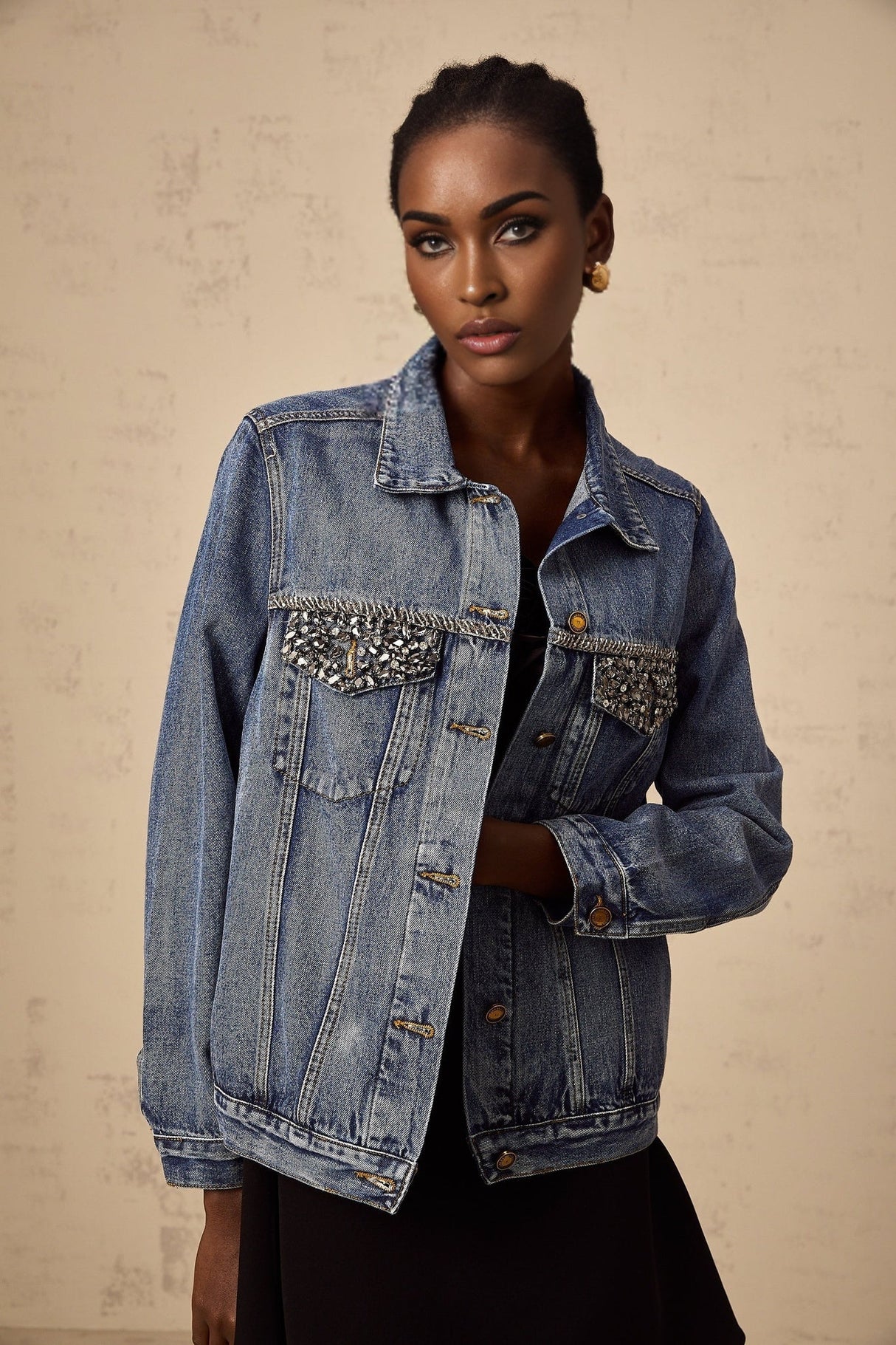 Amelia Denim Jacket - Notched lapels - Rhinestone embellishment - Buttoned cuffs - Front button fastening