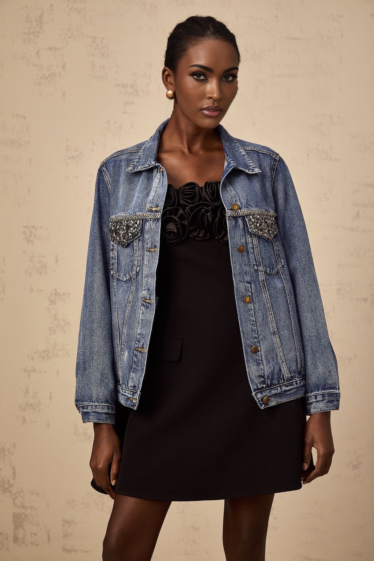 Amelia Denim Jacket - Notched lapels - Rhinestone embellishment - Buttoned cuffs - Front button fastening