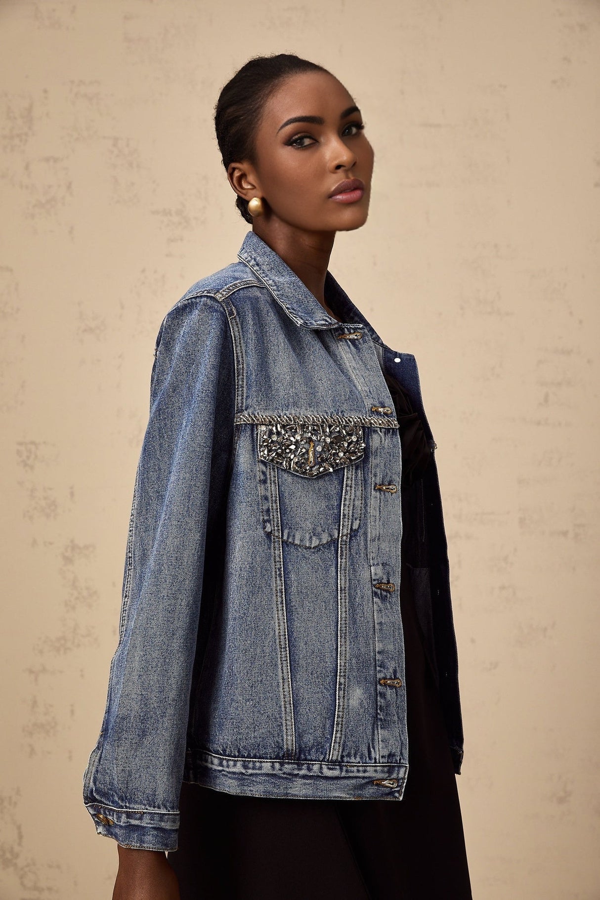 Amelia Denim Jacket - Notched lapels - Rhinestone embellishment - Buttoned cuffs - Front button fastening