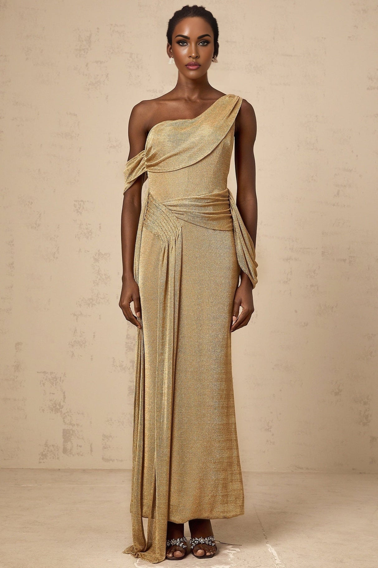 Amelia Elegant Maxi Dress - Gold - tone - Mono Shoulder - Gathered Detailing - Ribbon Design - Fitted Silhouette