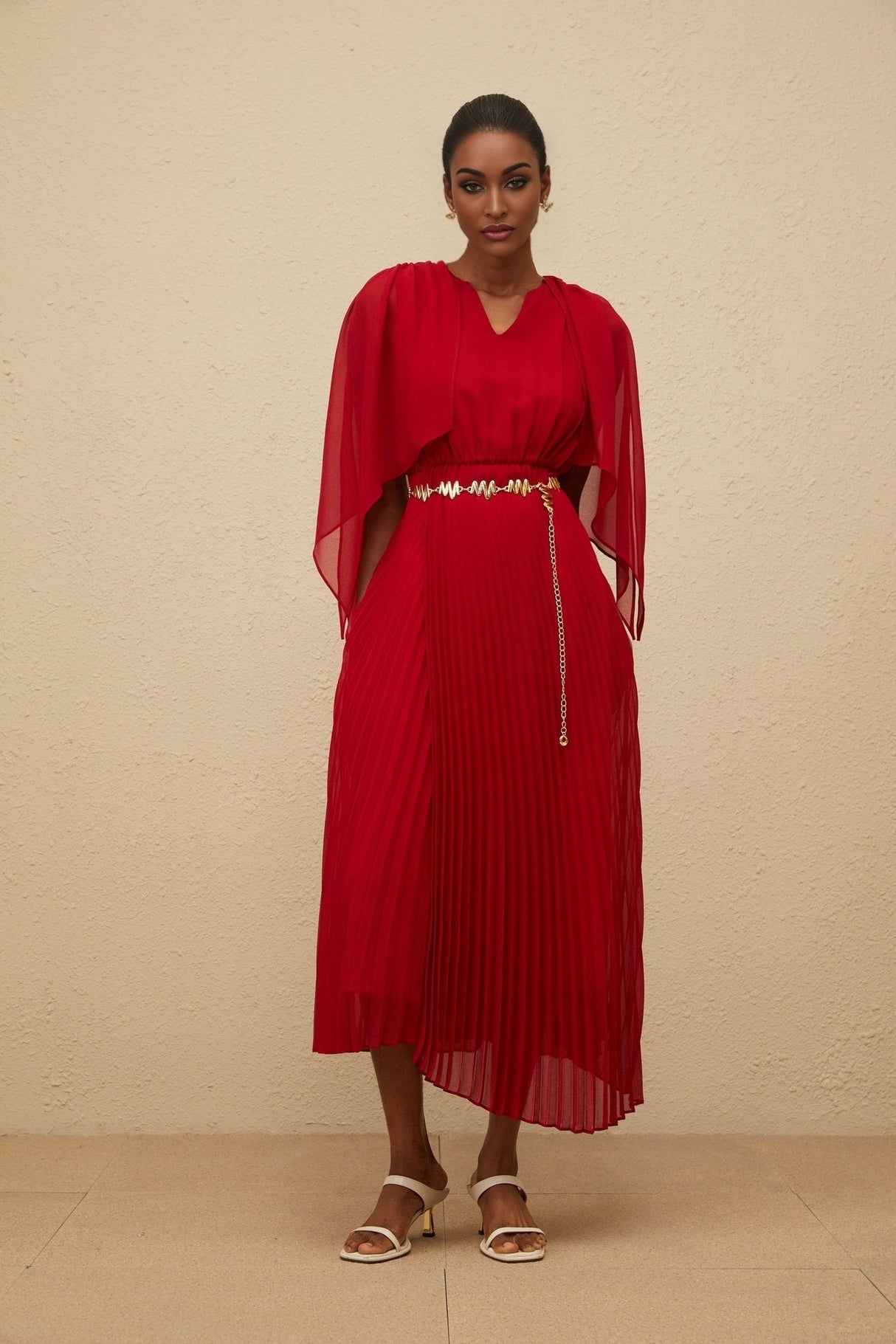 Amelia Maxi Dress - Pleated Skirt - Cape Design - V - neck - Chain - link Detailing