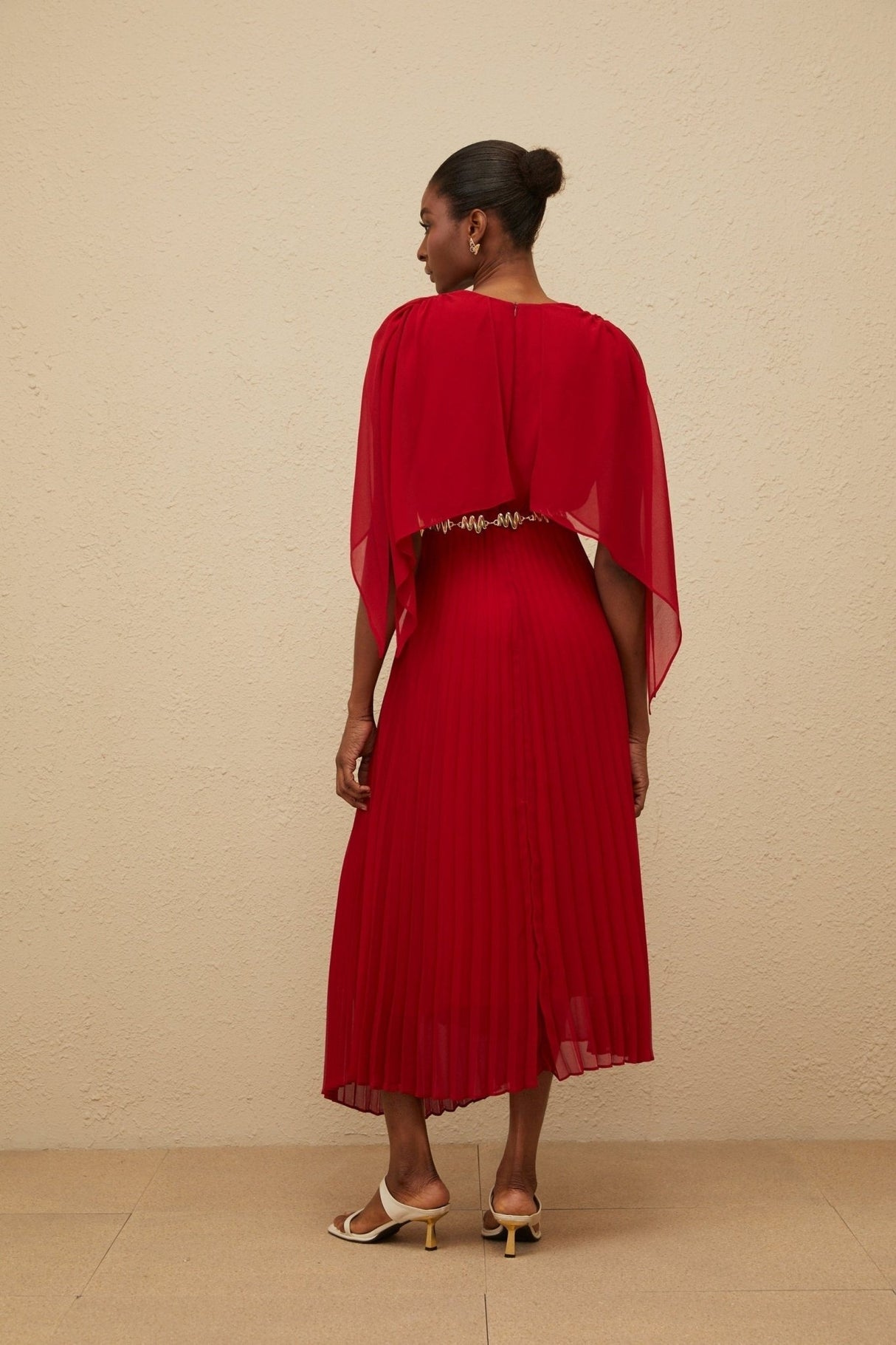 Amelia Maxi Dress - Pleated Skirt - Cape Design - V - neck - Chain - link Detailing