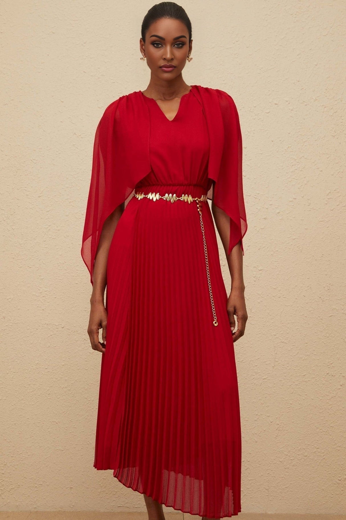 Amelia Maxi Dress - Pleated Skirt - Cape Design - V - neck - Chain - link Detailing