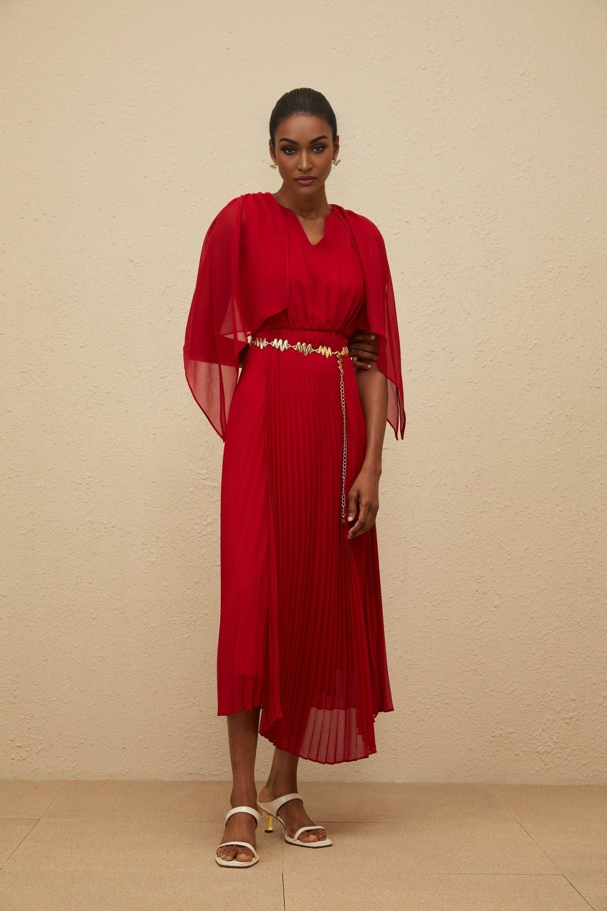 Amelia Maxi Dress - Pleated Skirt - Cape Design - V - neck - Chain - link Detailing