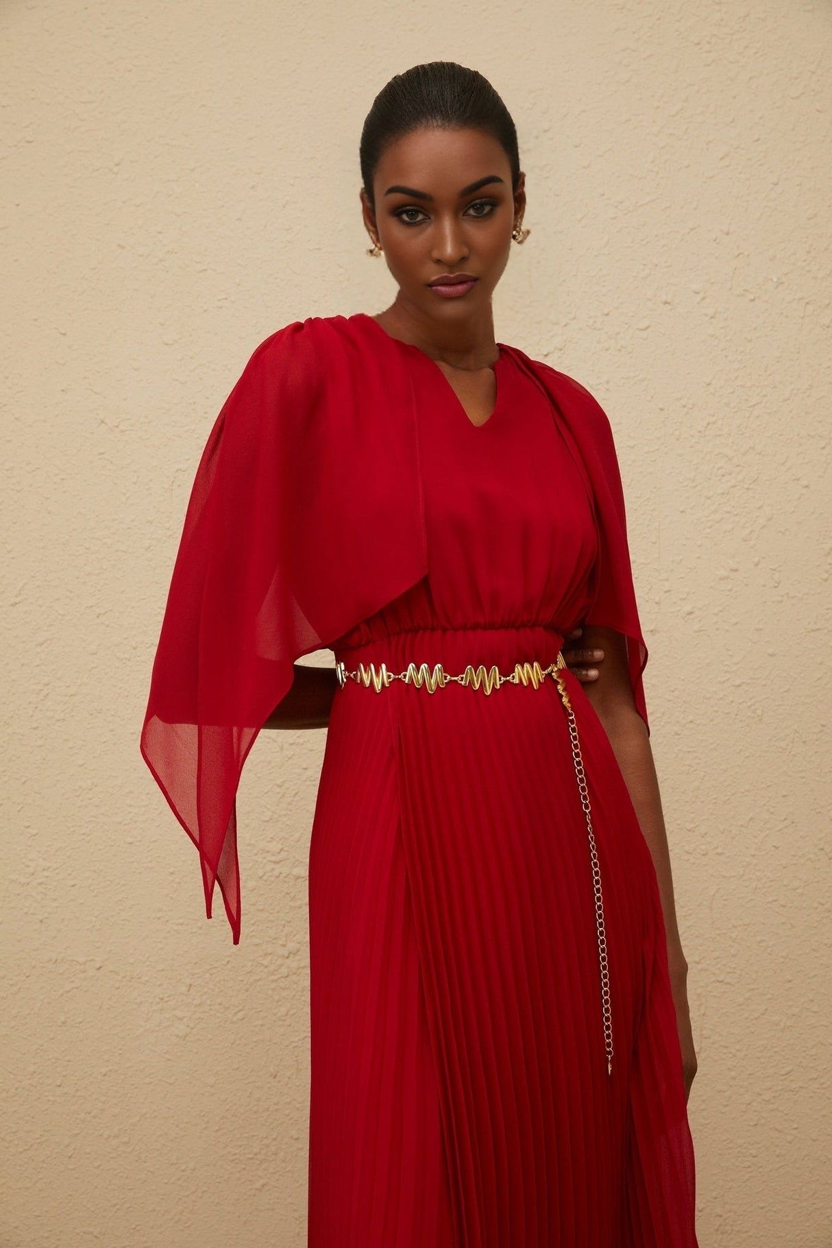 Amelia Maxi Dress - Pleated Skirt - Cape Design - V - neck - Chain - link Detailing