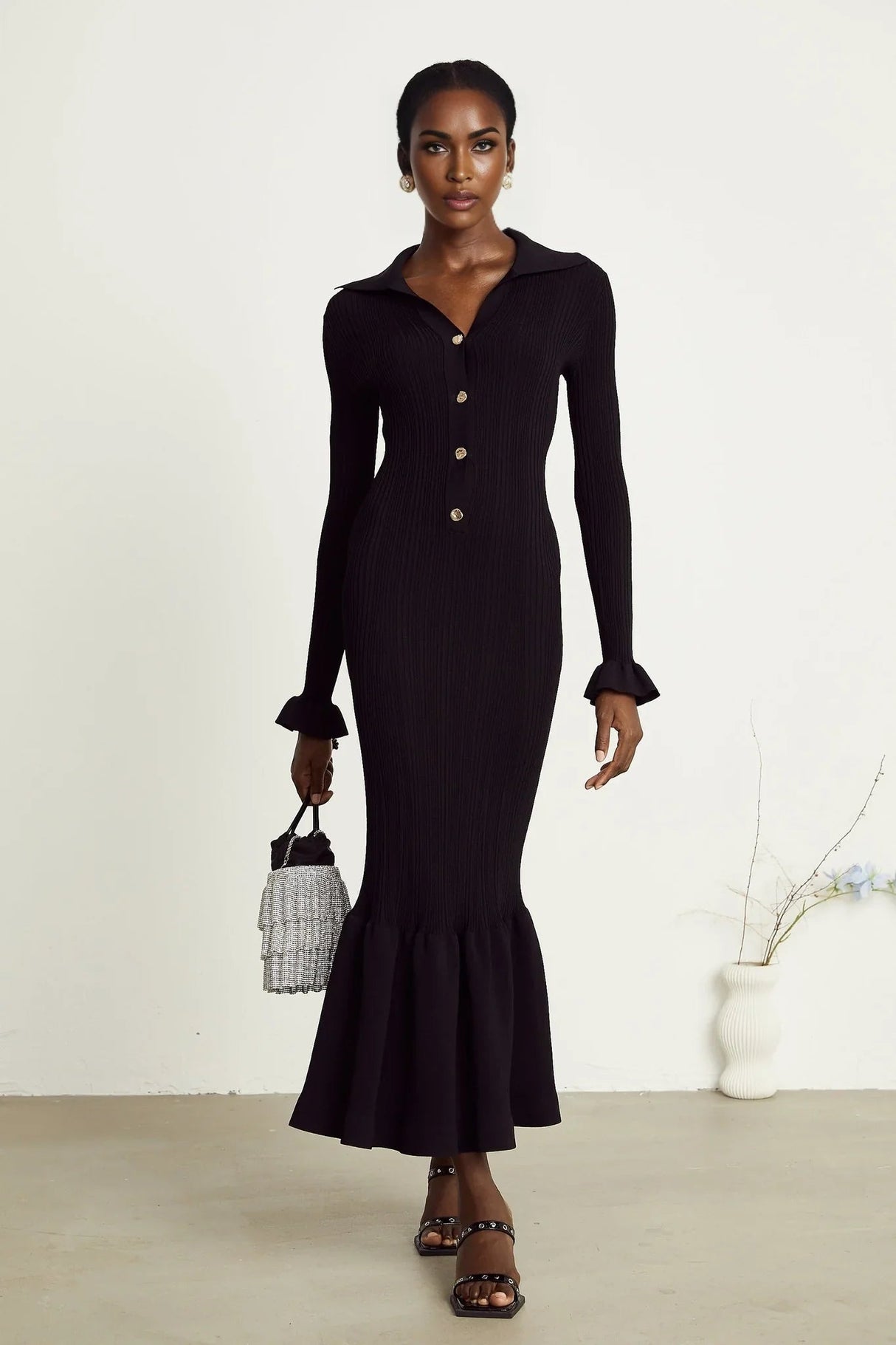 Amelia Midi Dress - Spread Collar - Long Sleeves - Ribbed Knit - Ruffle Details