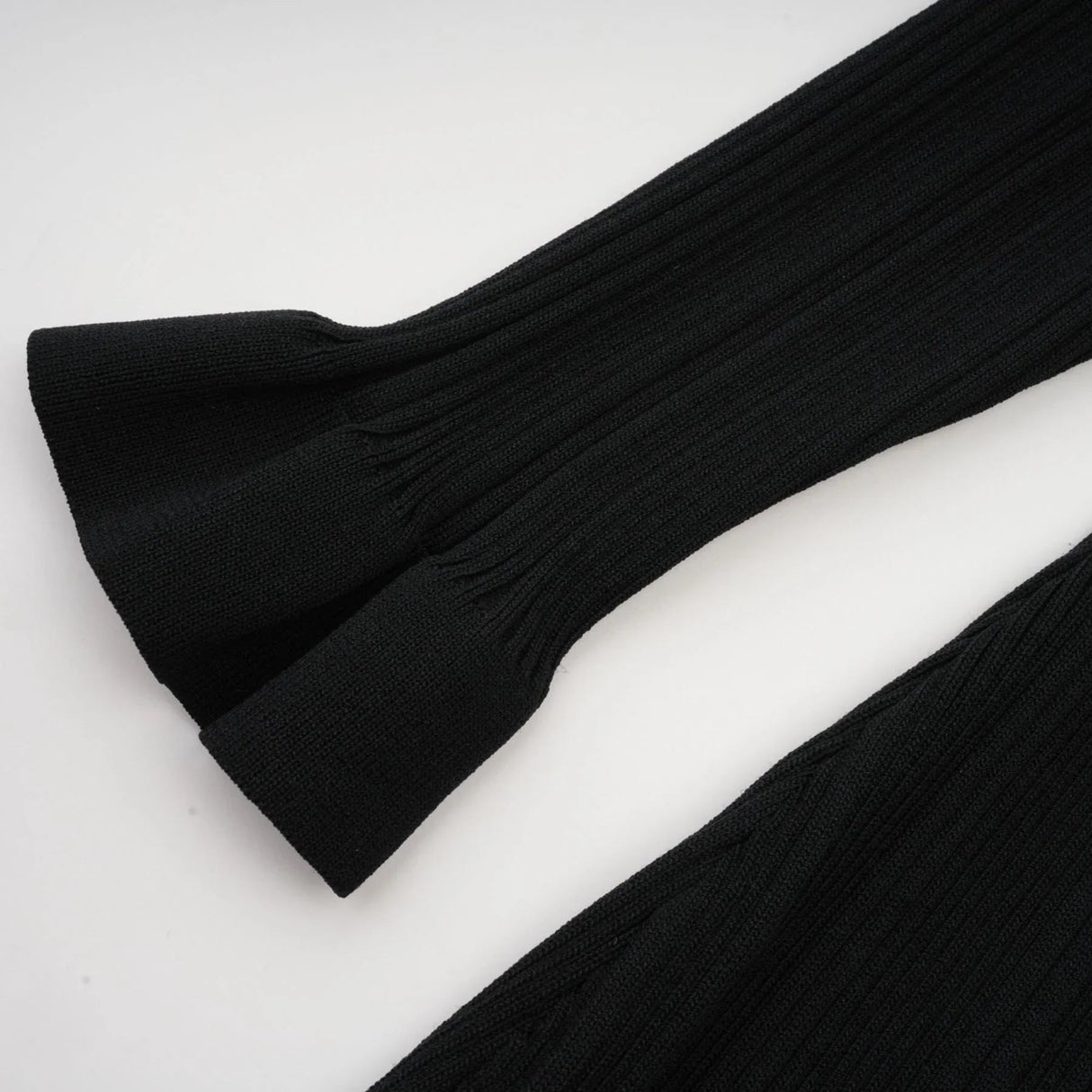 Amelia Midi Dress - Spread Collar - Long Sleeves - Ribbed Knit - Ruffle Details