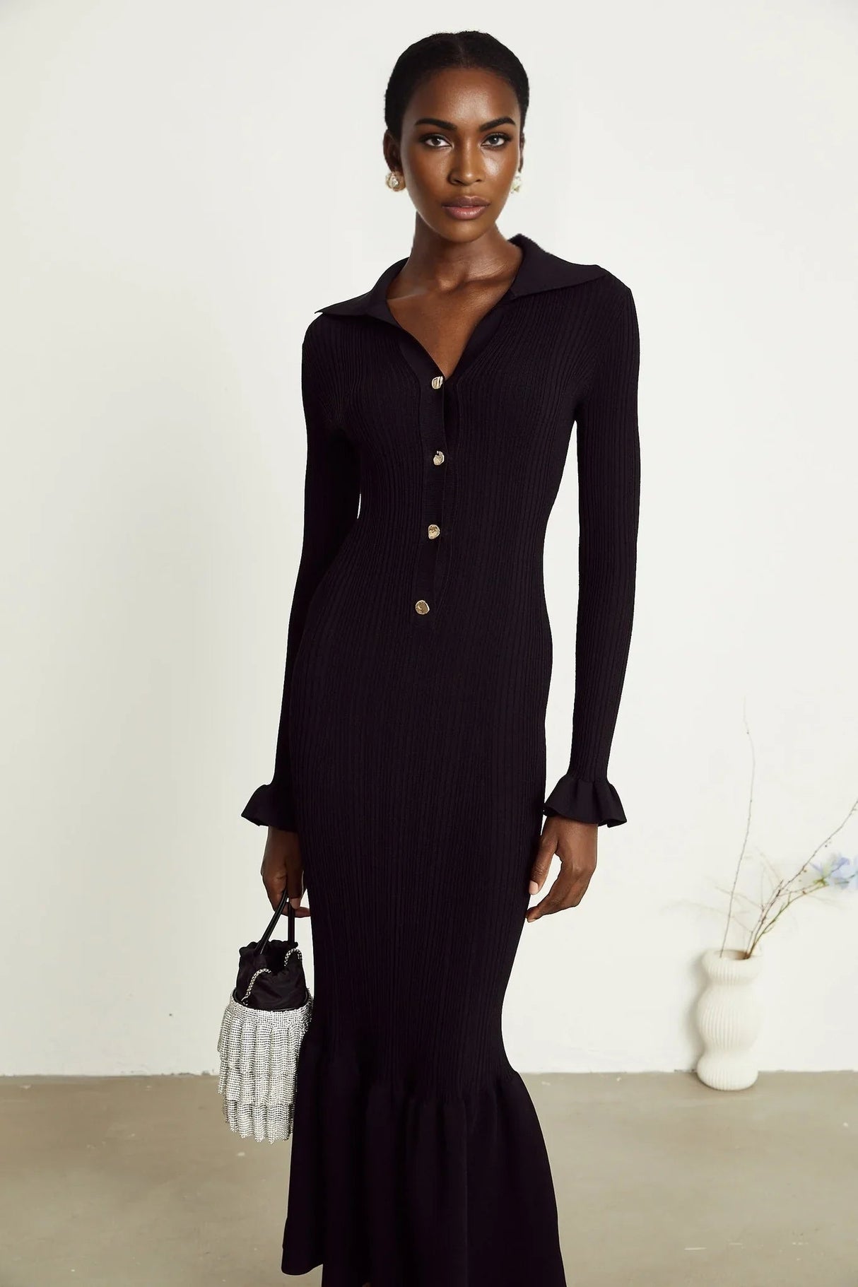 Amelia Midi Dress - Spread Collar - Long Sleeves - Ribbed Knit - Ruffle Details