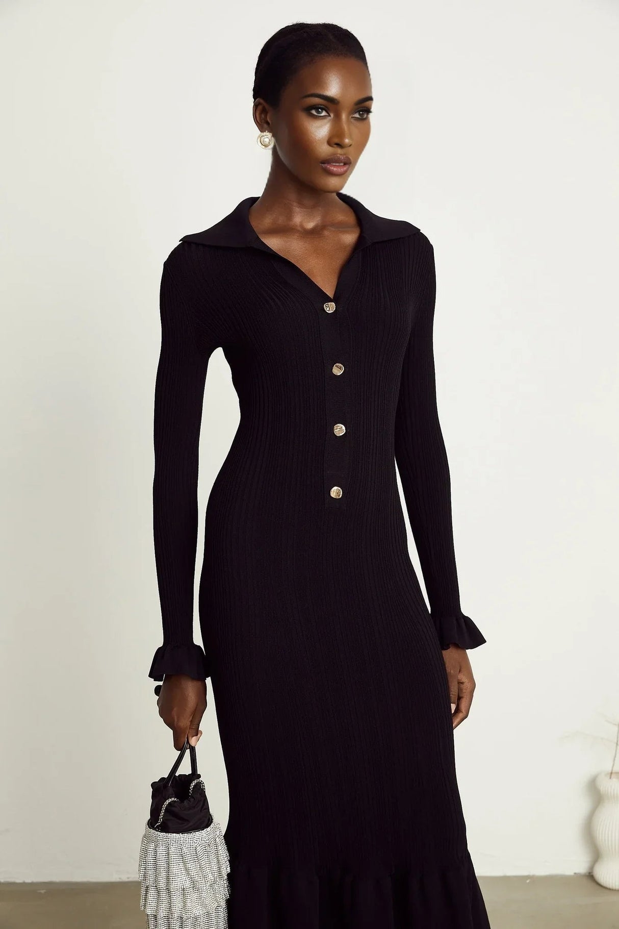 Amelia Midi Dress - Spread Collar - Long Sleeves - Ribbed Knit - Ruffle Details