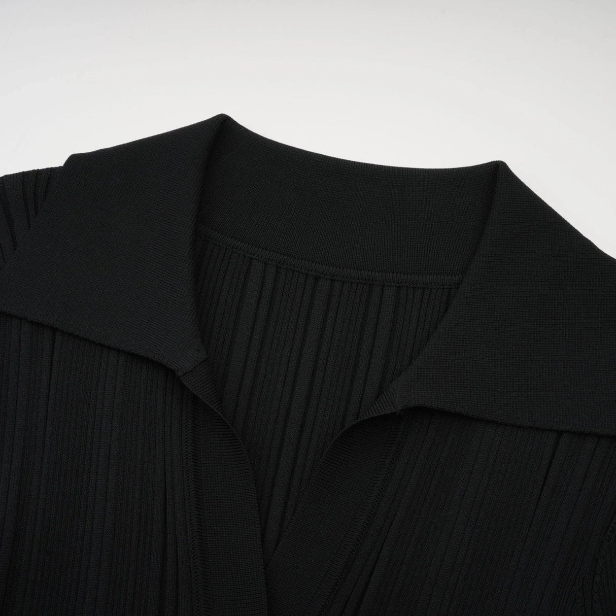 Amelia Midi Dress - Spread Collar - Long Sleeves - Ribbed Knit - Ruffle Details