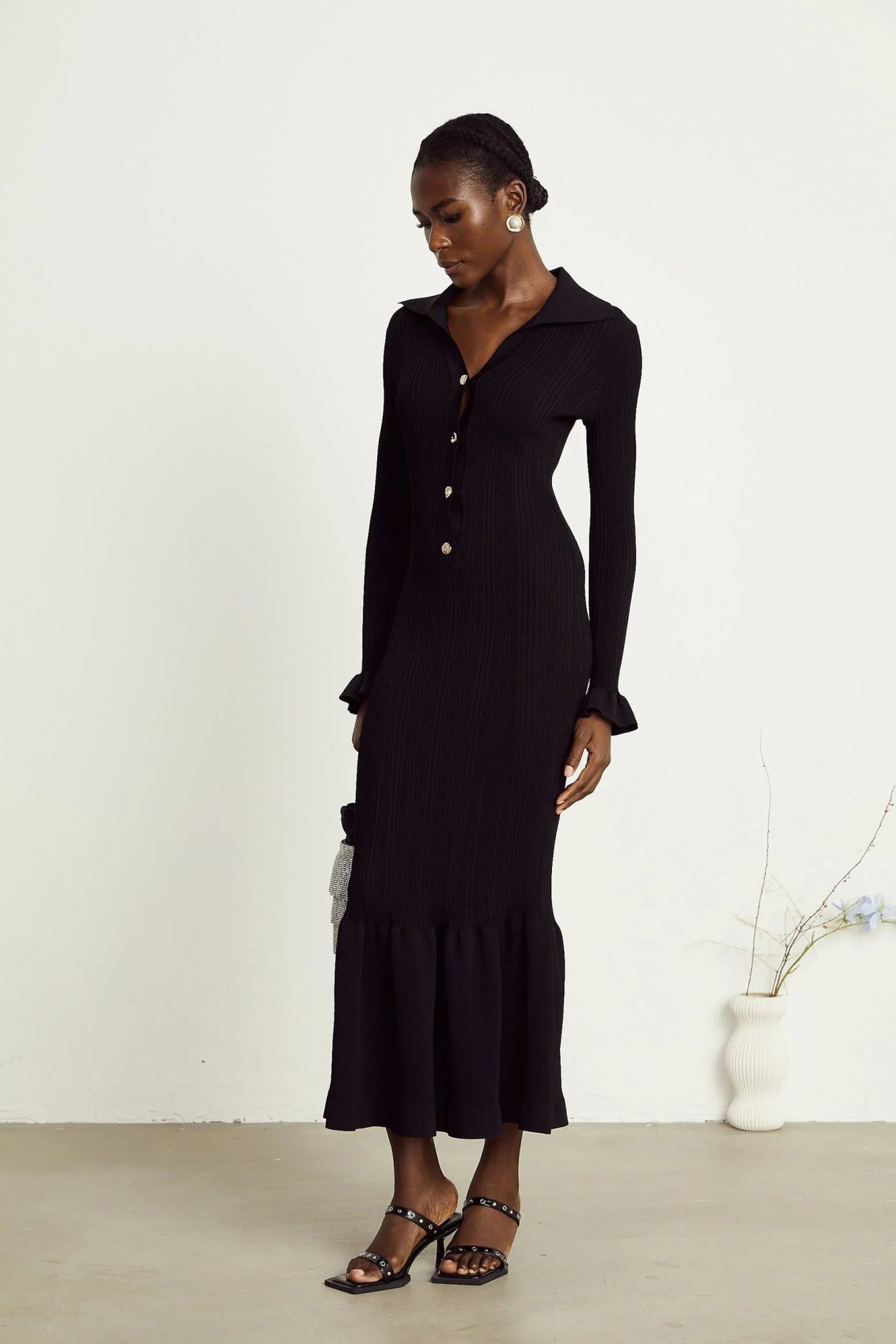 Amelia Midi Dress - Spread Collar - Long Sleeves - Ribbed Knit - Ruffle Details