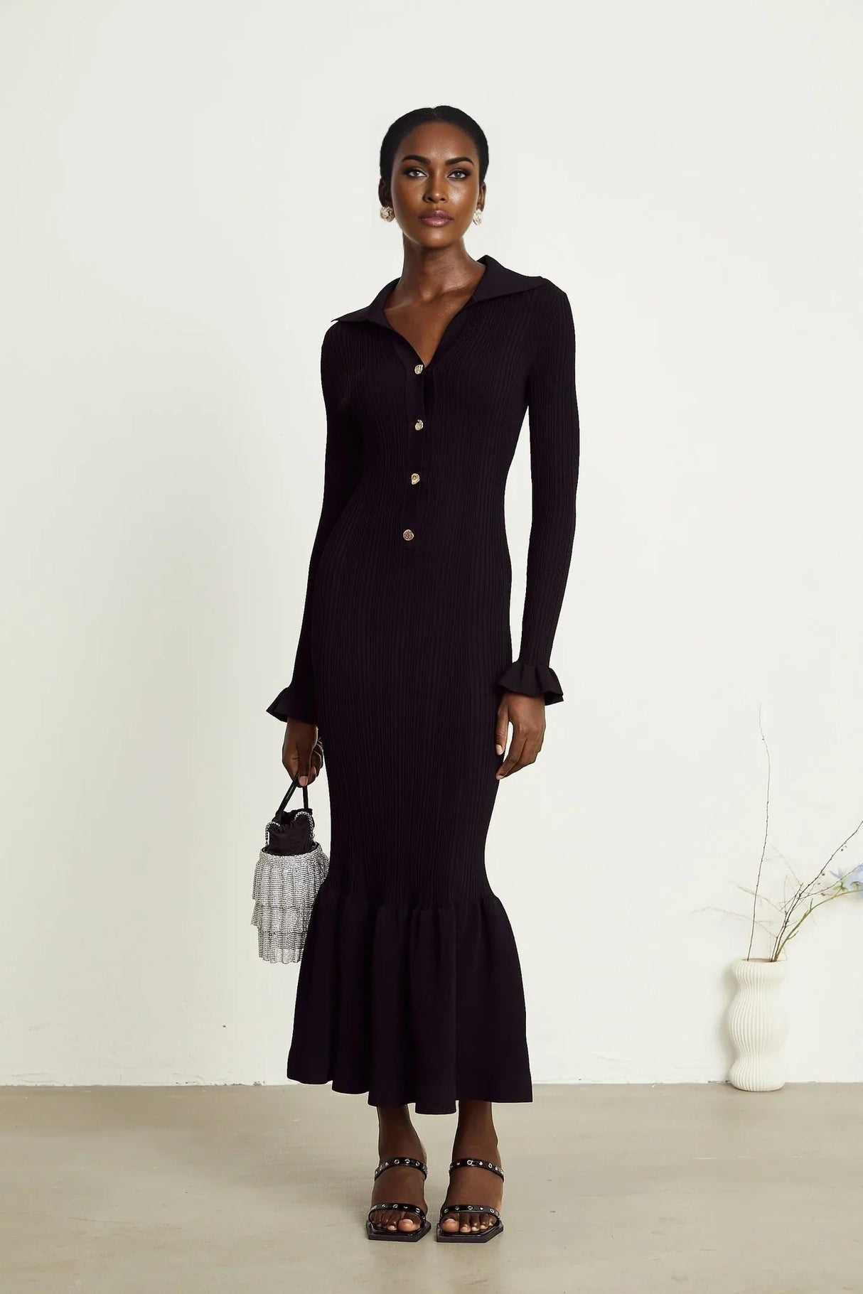 Amelia Midi Dress - Spread Collar - Long Sleeves - Ribbed Knit - Ruffle Details