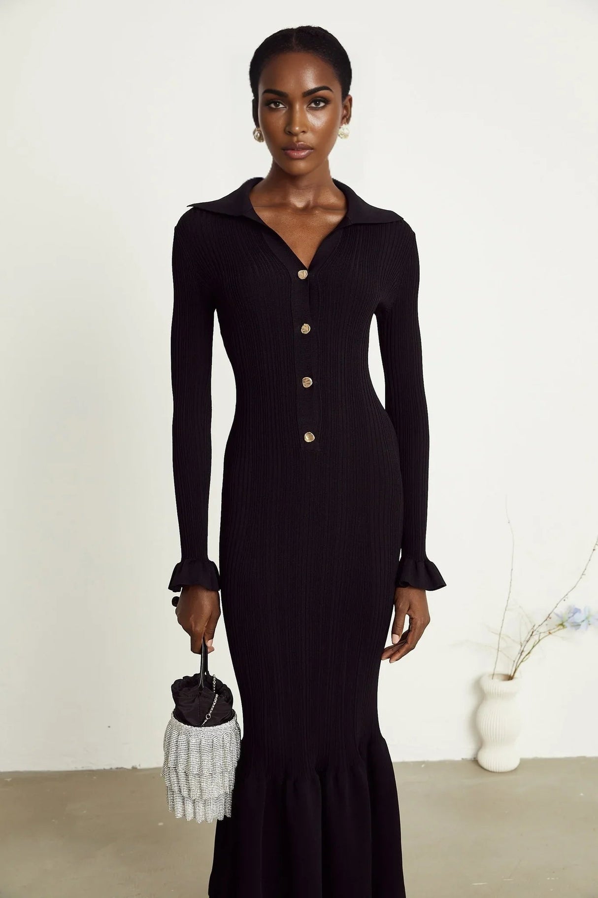 Amelia Midi Dress - Spread Collar - Long Sleeves - Ribbed Knit - Ruffle Details