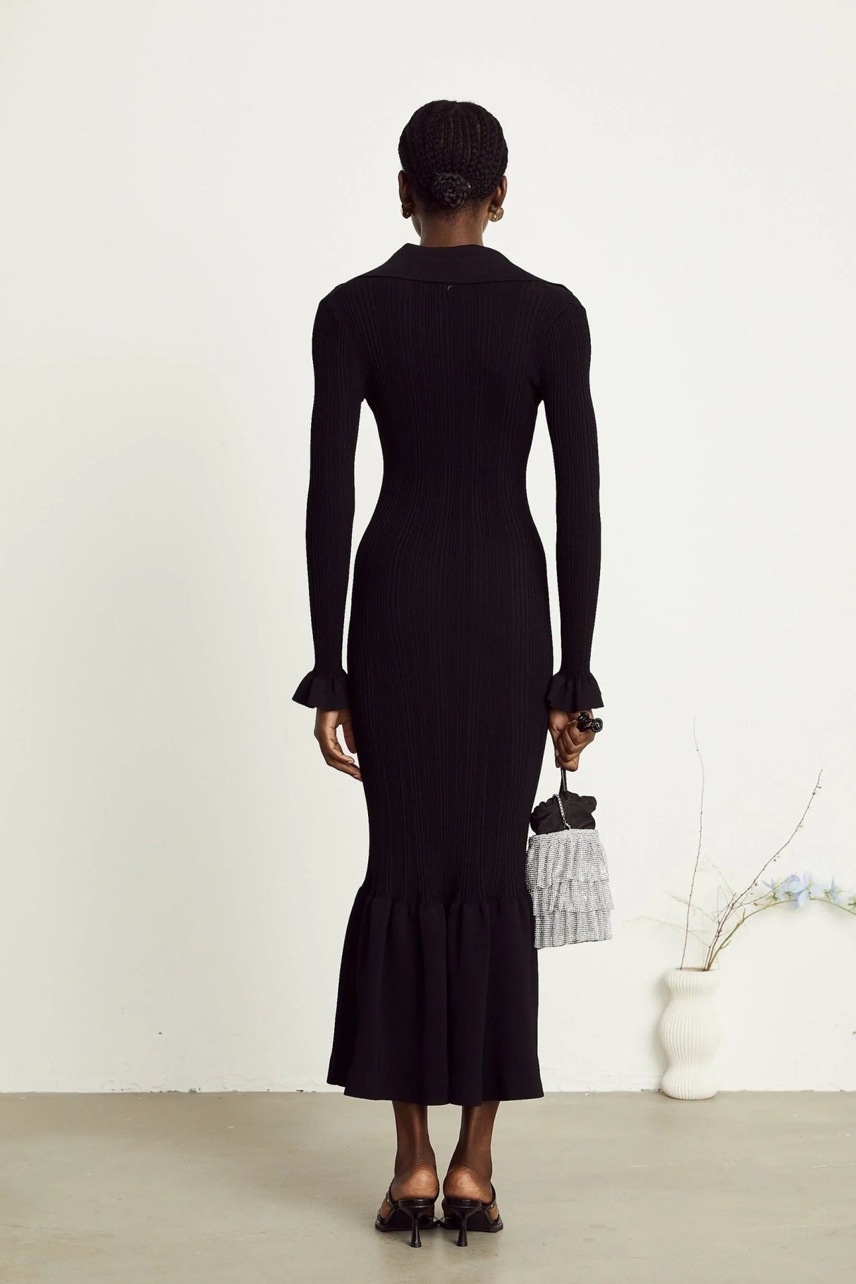 Amelia Midi Dress - Spread Collar - Long Sleeves - Ribbed Knit - Ruffle Details