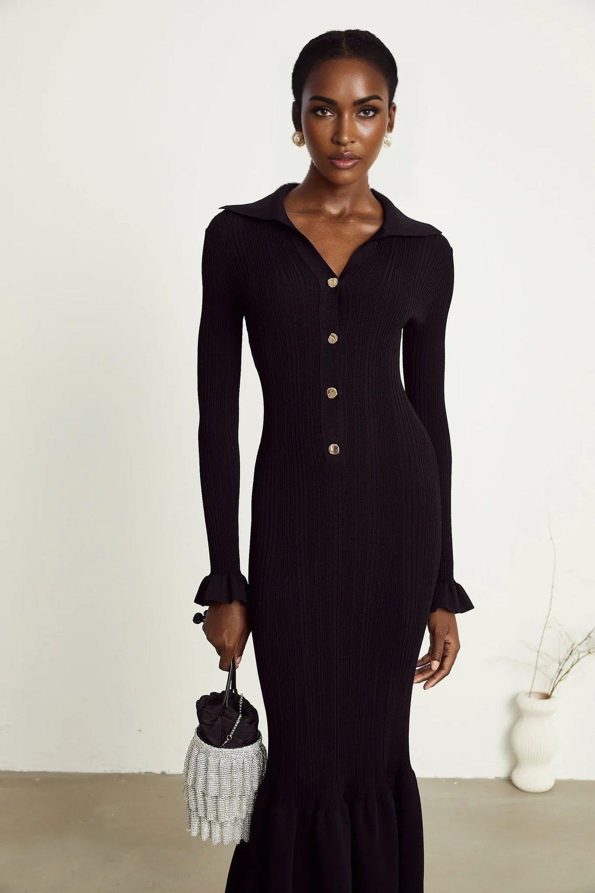 Amelia Midi Dress - Spread Collar - Long Sleeves - Ribbed Knit - Ruffle Details