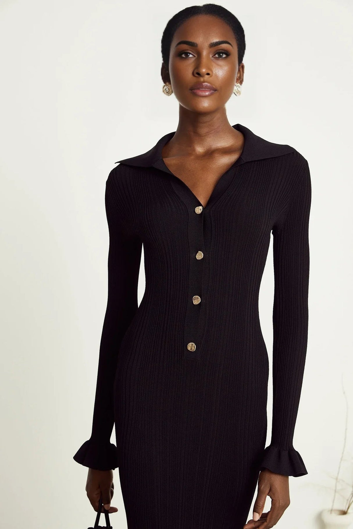 Amelia Midi Dress - Spread Collar - Long Sleeves - Ribbed Knit - Ruffle Details