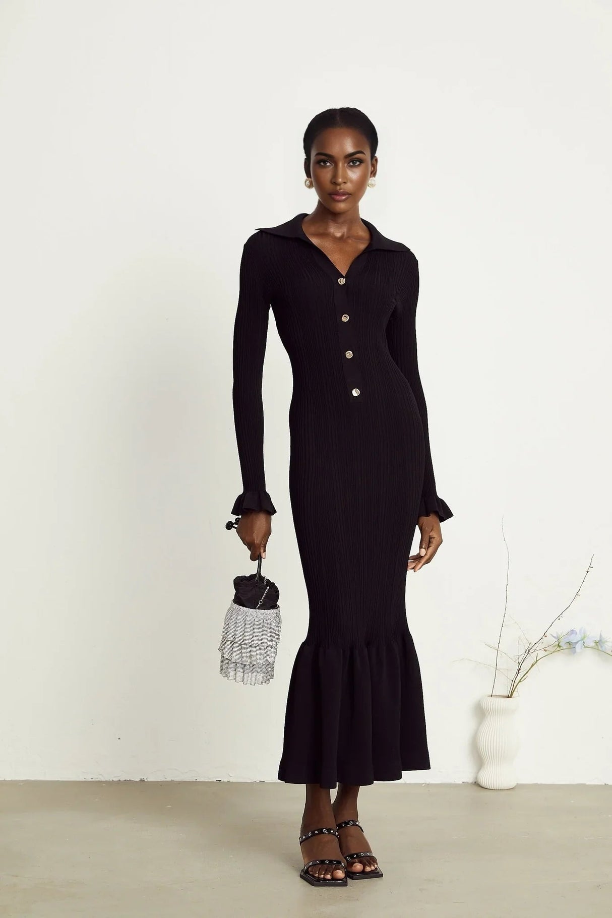 Amelia Midi Dress - Spread Collar - Long Sleeves - Ribbed Knit - Ruffle Details