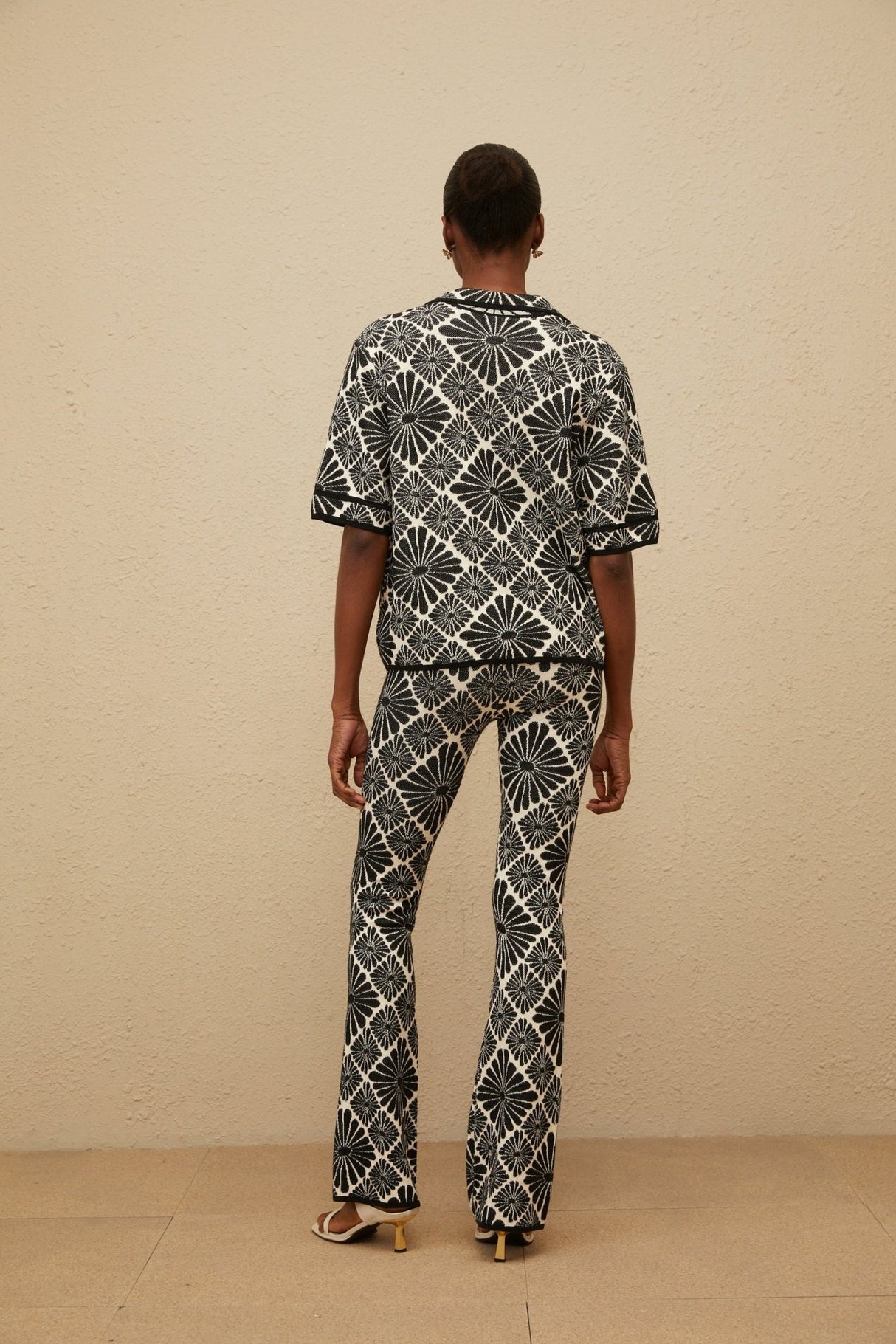 Amelia Shirt & Trousers Set - Notched Lapels - Patterned Jacquard - Knitted Construction - Front Button Fastening - Maxi Length