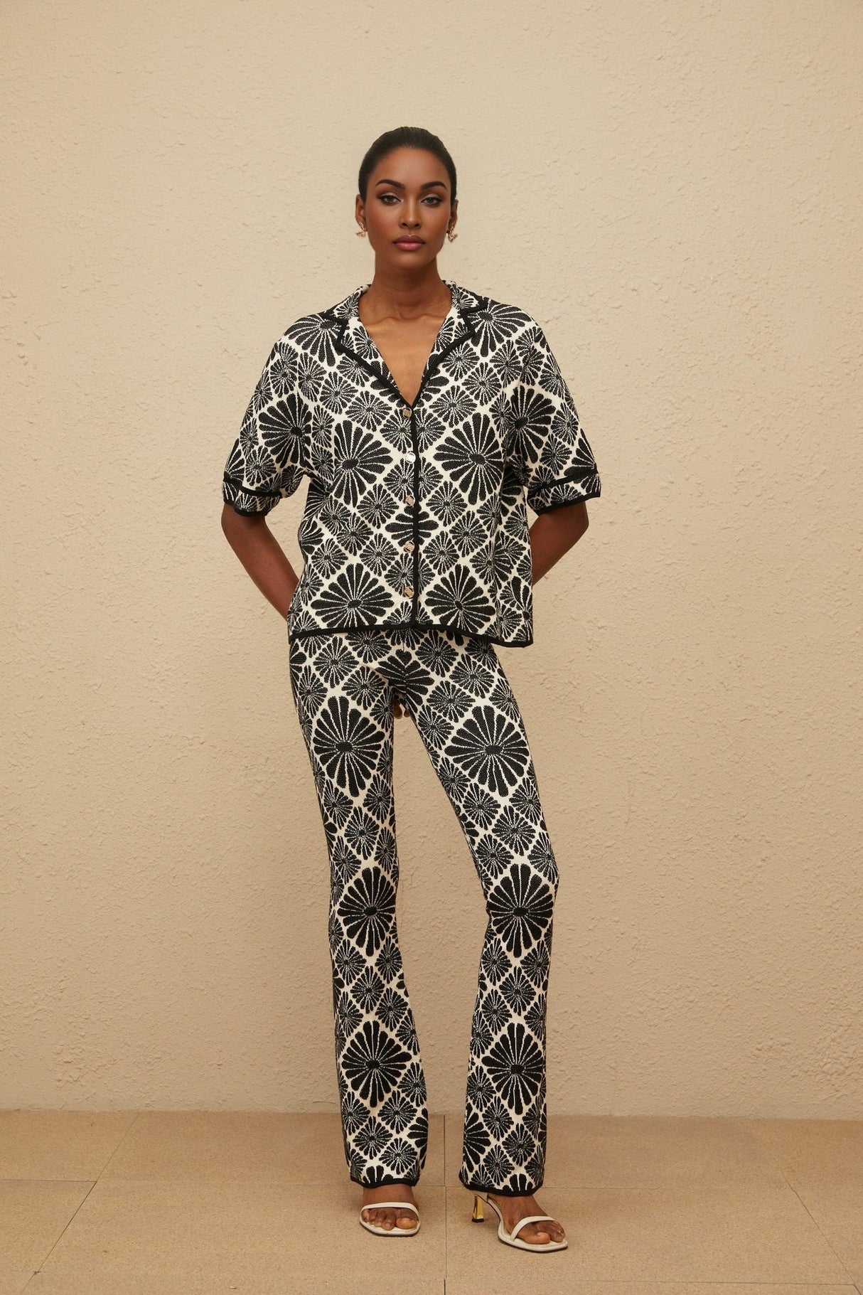 Amelia Shirt & Trousers Set - Notched Lapels - Patterned Jacquard - Knitted Construction - Front Button Fastening - Maxi Length