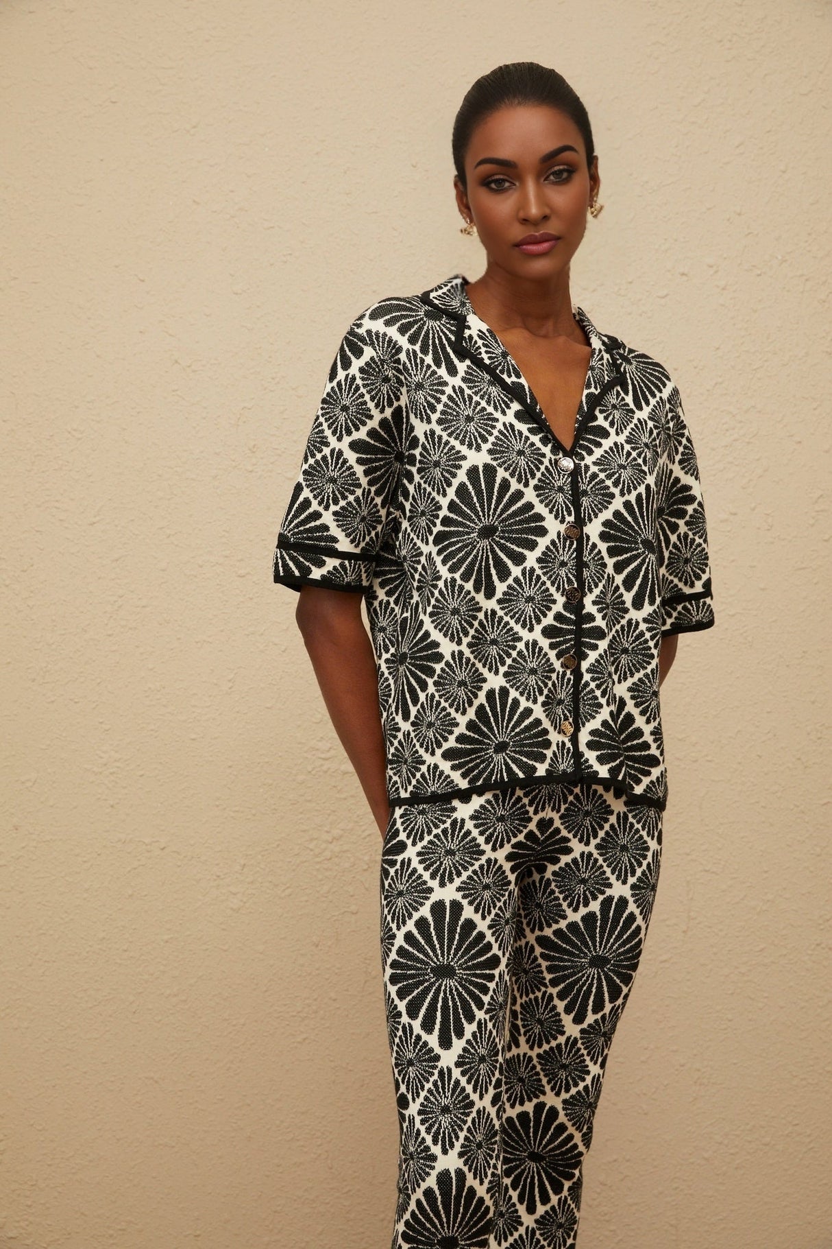 Amelia Shirt & Trousers Set - Notched Lapels - Patterned Jacquard - Knitted Construction - Front Button Fastening - Maxi Length