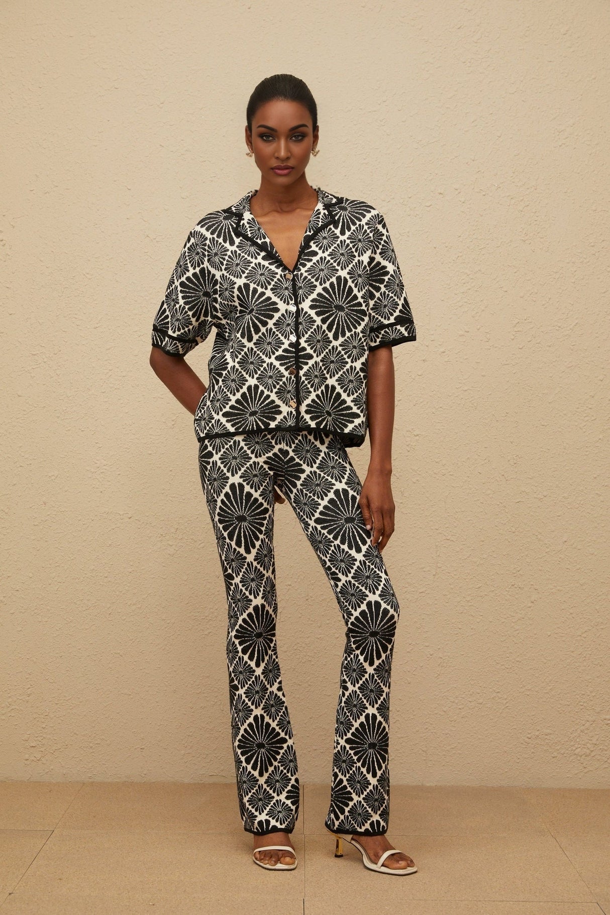 Amelia Shirt & Trousers Set - Notched Lapels - Patterned Jacquard - Knitted Construction - Front Button Fastening - Maxi Length