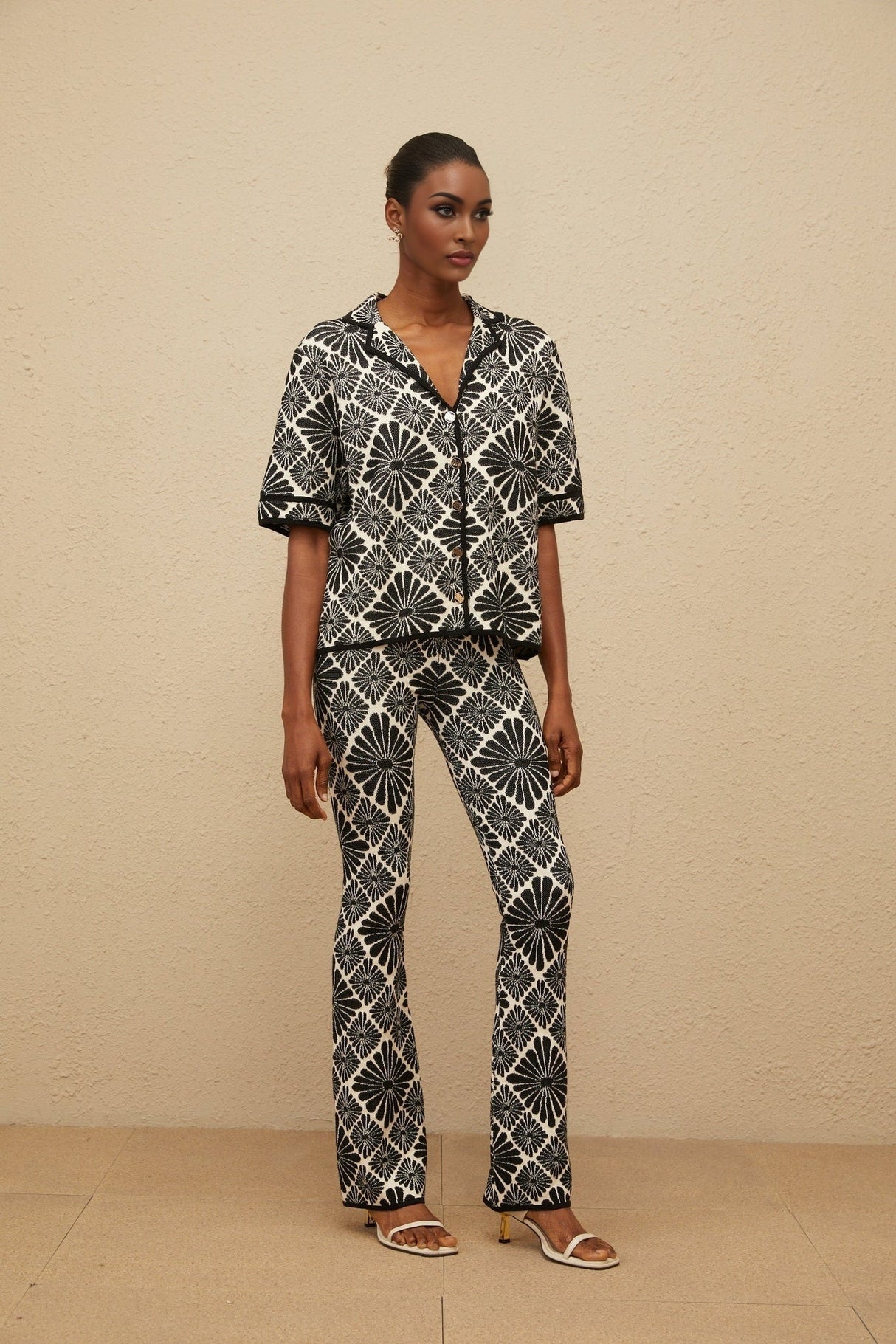 Amelia Shirt & Trousers Set - Notched Lapels - Patterned Jacquard - Knitted Construction - Front Button Fastening - Maxi Length