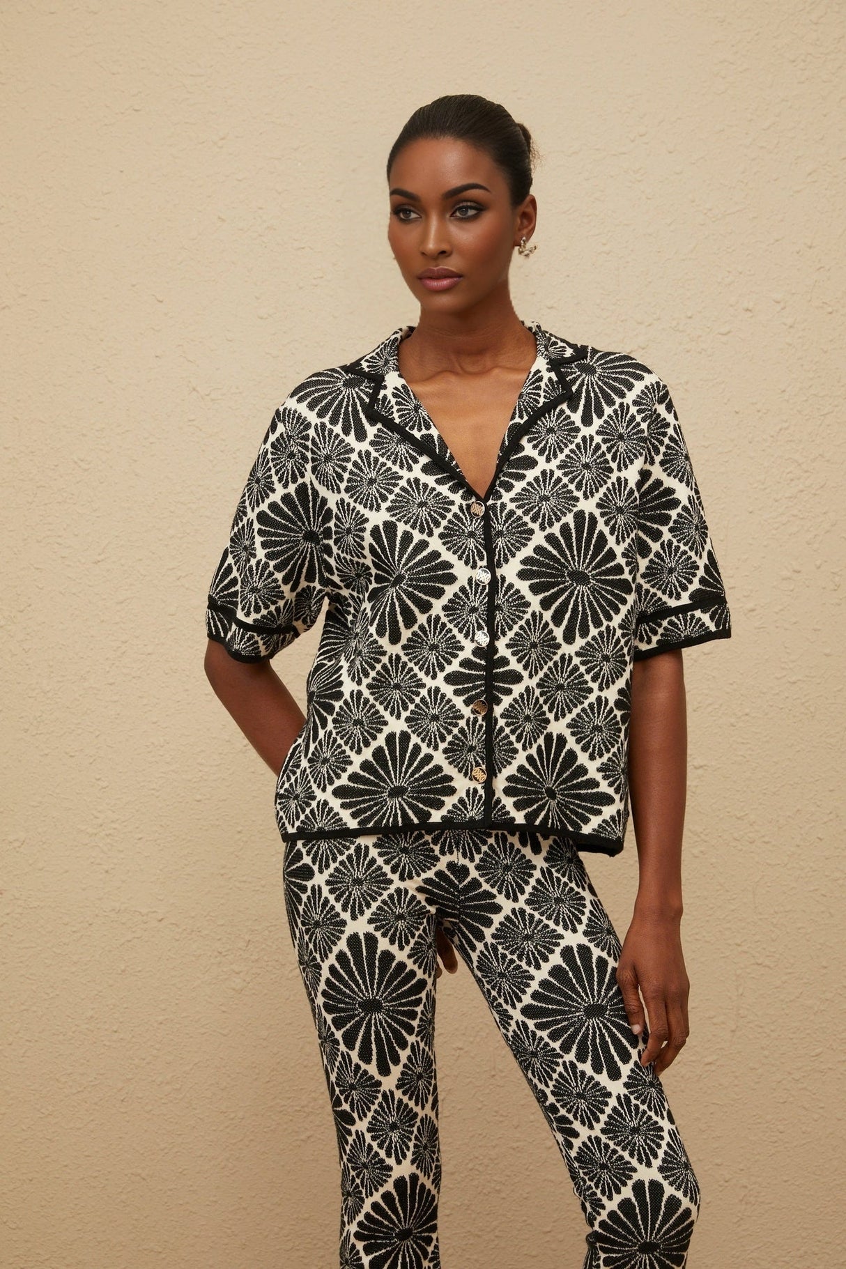 Amelia Shirt & Trousers Set - Notched Lapels - Patterned Jacquard - Knitted Construction - Front Button Fastening - Maxi Length