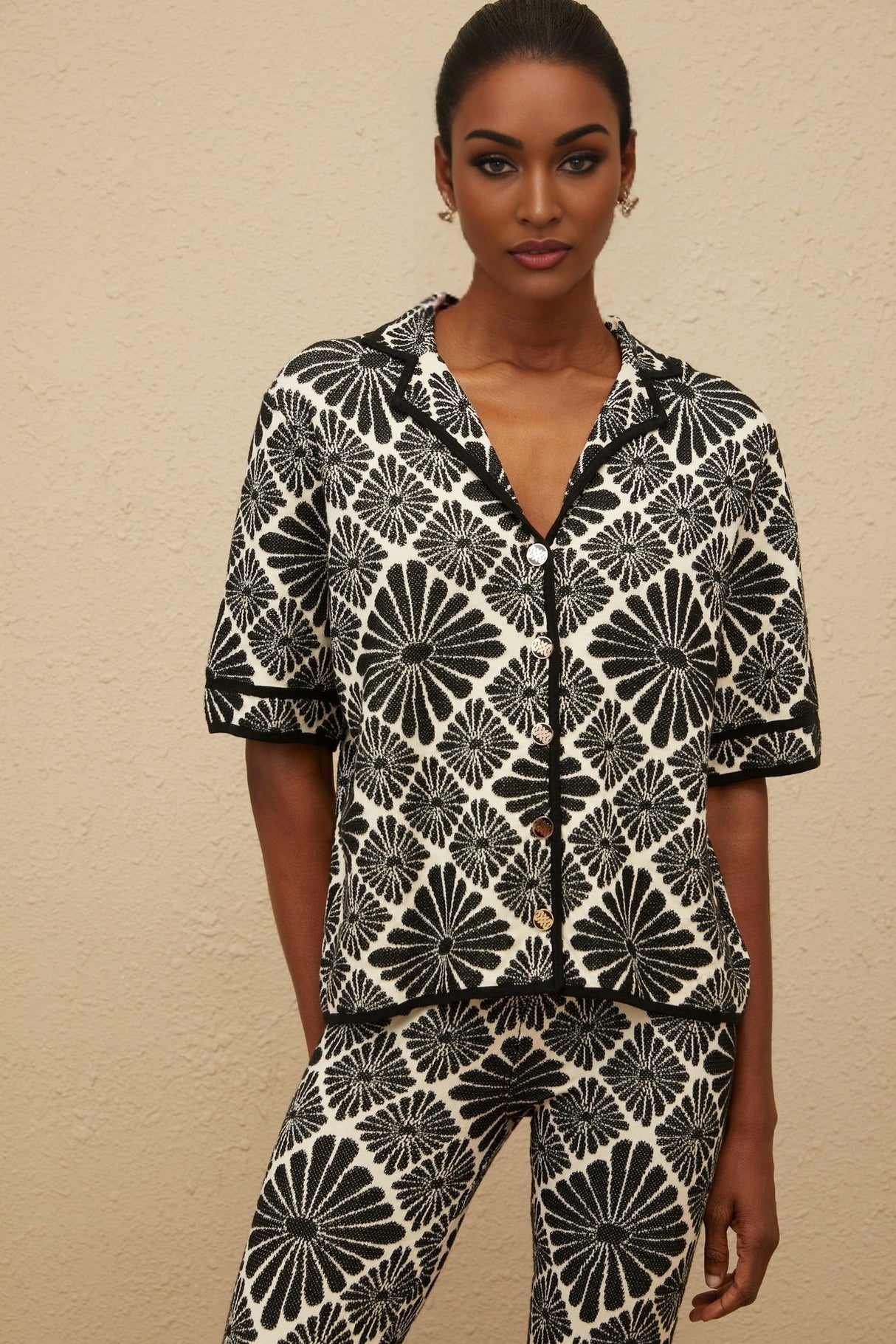 Amelia Shirt & Trousers Set - Notched Lapels - Patterned Jacquard - Knitted Construction - Front Button Fastening - Maxi Length