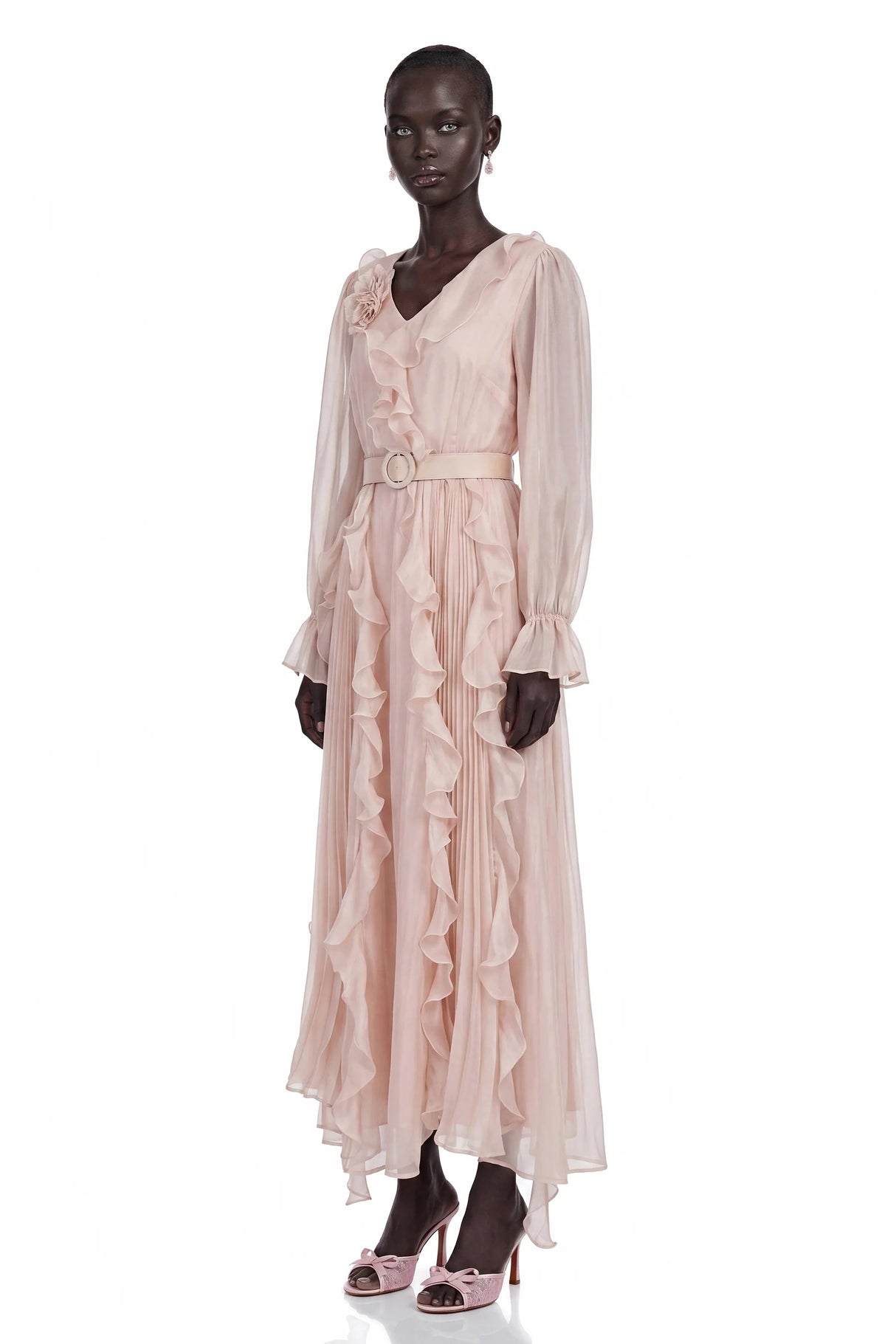 Amélie Pink VNeck Floral Ruffled Maxi Dress With Bell Sleeves