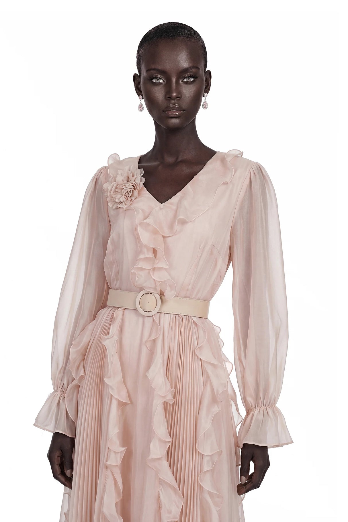 Amélie Pink VNeck Floral Ruffled Maxi Dress With Bell Sleeves