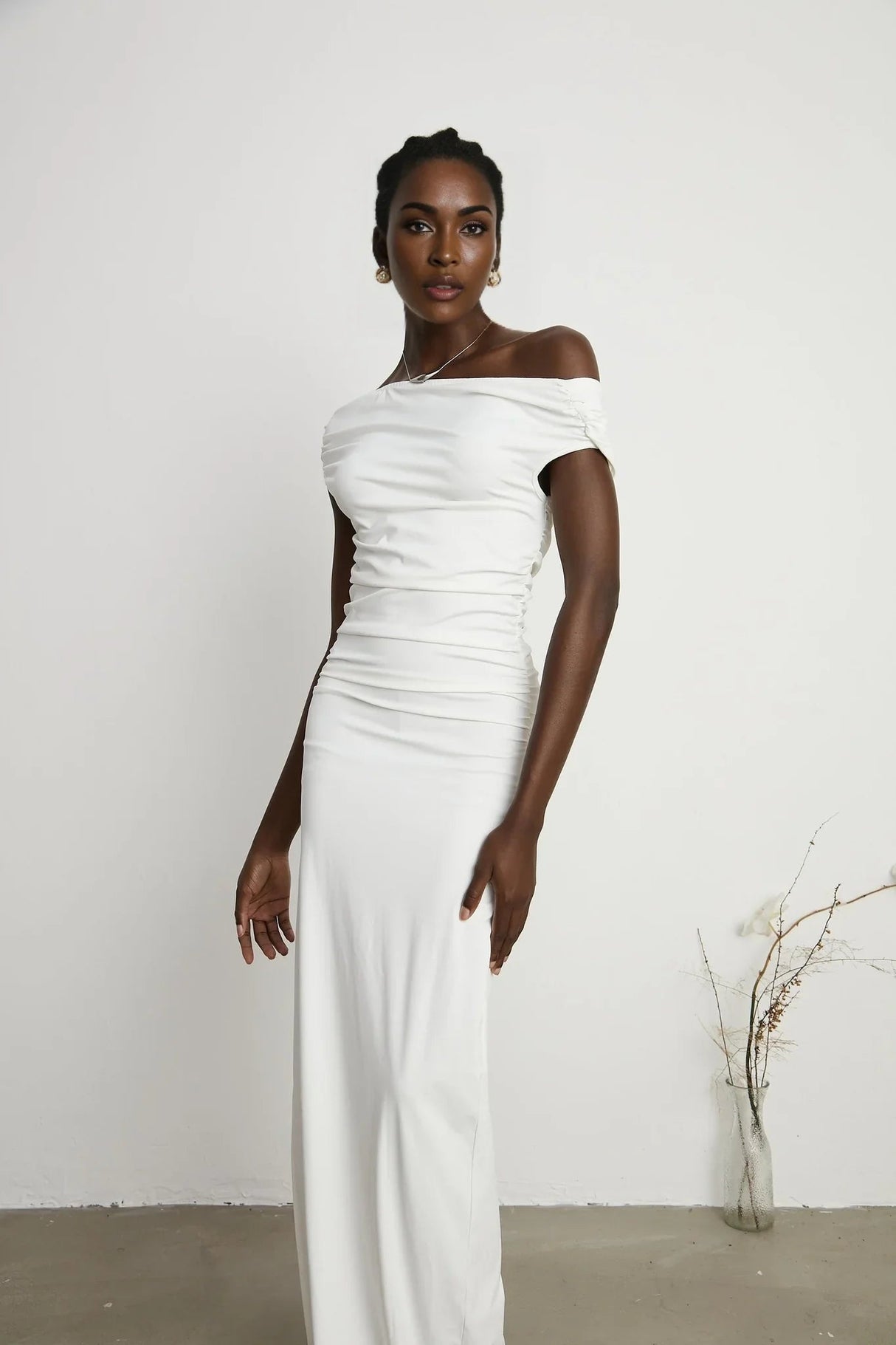 Amelina Maxi Dress - Off - The - Shoulder Design - Side Zip Fastening - Pleat Detailing - Side Slit Feature