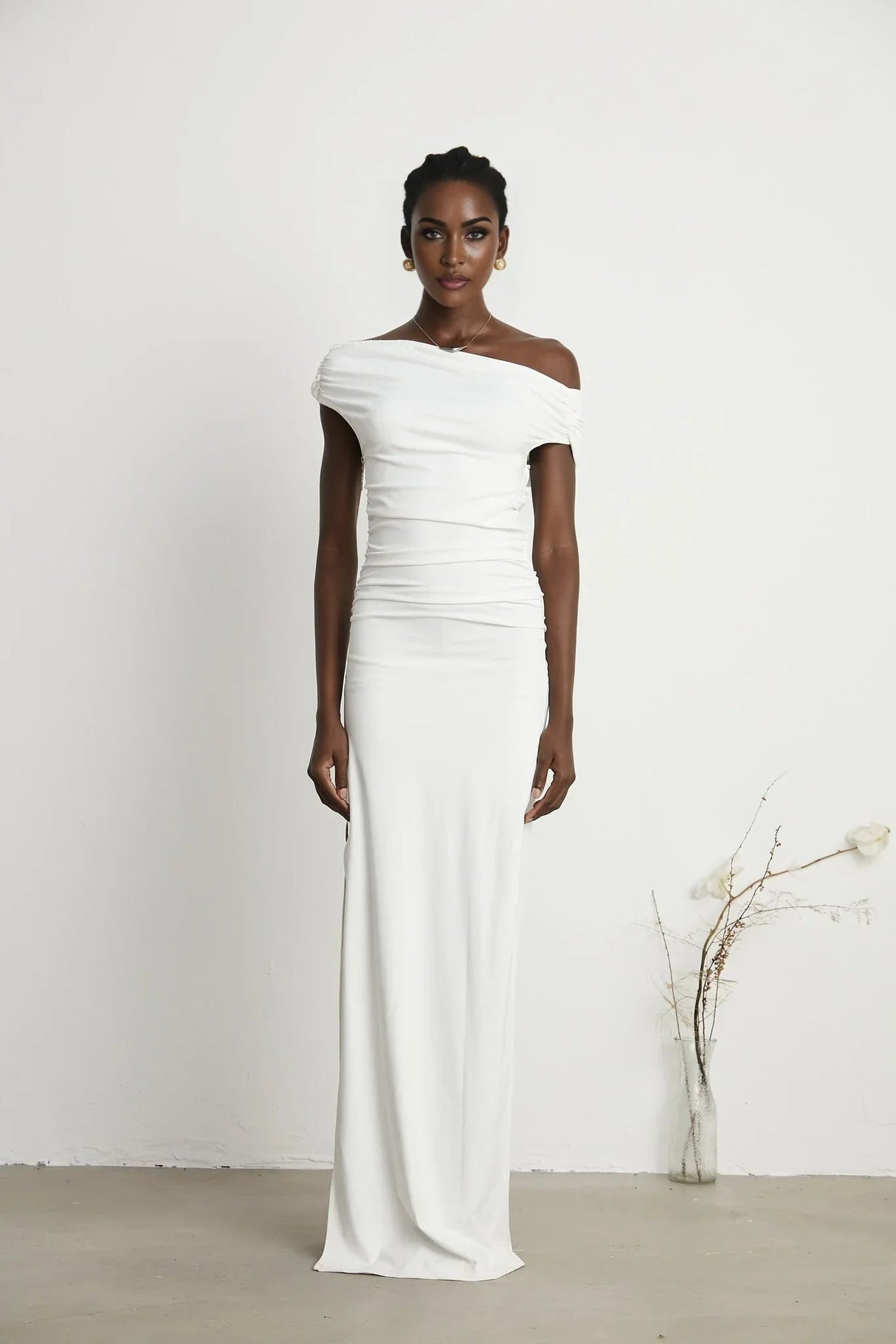 Amelina Maxi Dress - Off - The - Shoulder Design - Side Zip Fastening - Pleat Detailing - Side Slit Feature